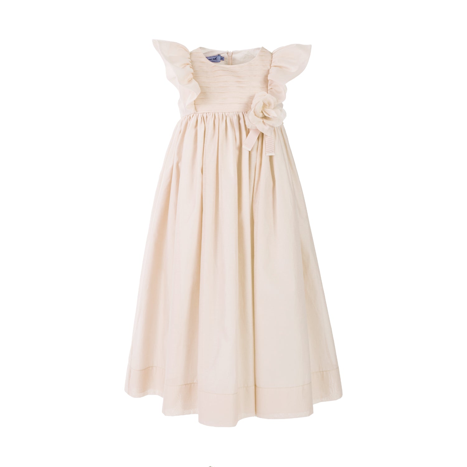 MiMiSol girl's occasion dress featuring a pleated bodice, ruffled flutter sleeves, and a large fabric flower detail at the waist against a white background.