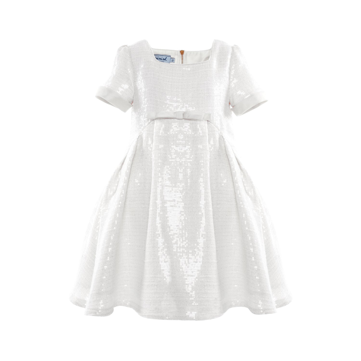 MiMiSol girls' white short-sleeved bouclé dress featuring shimmering sequins, an empire waist bow, and a pleated skirt against a white background.