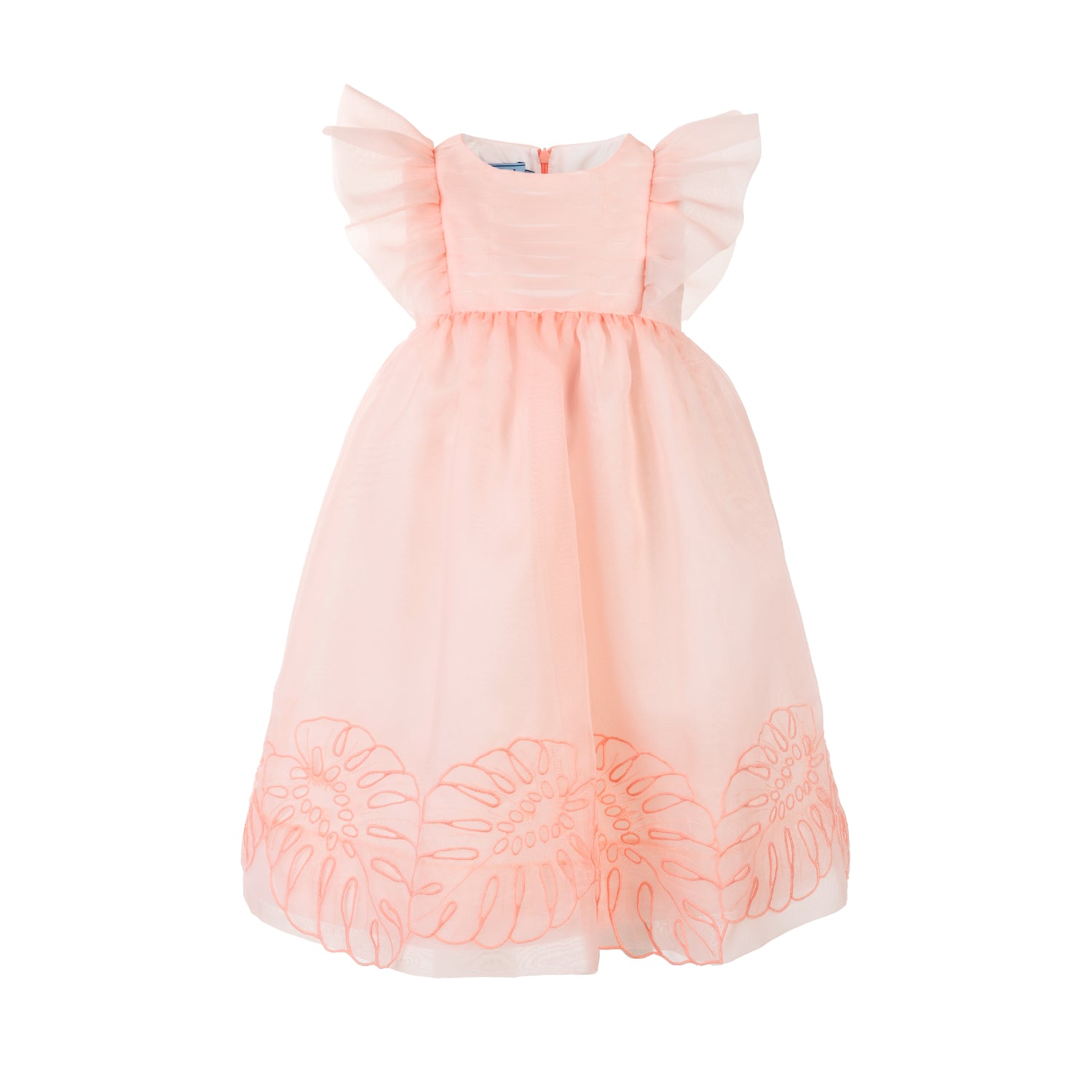 MiMiSol salmon sleeveless organza dress for girls, featuring a Peter Pan collar with gold script embroidery and a thick band of pink sequins at the bottom hem.