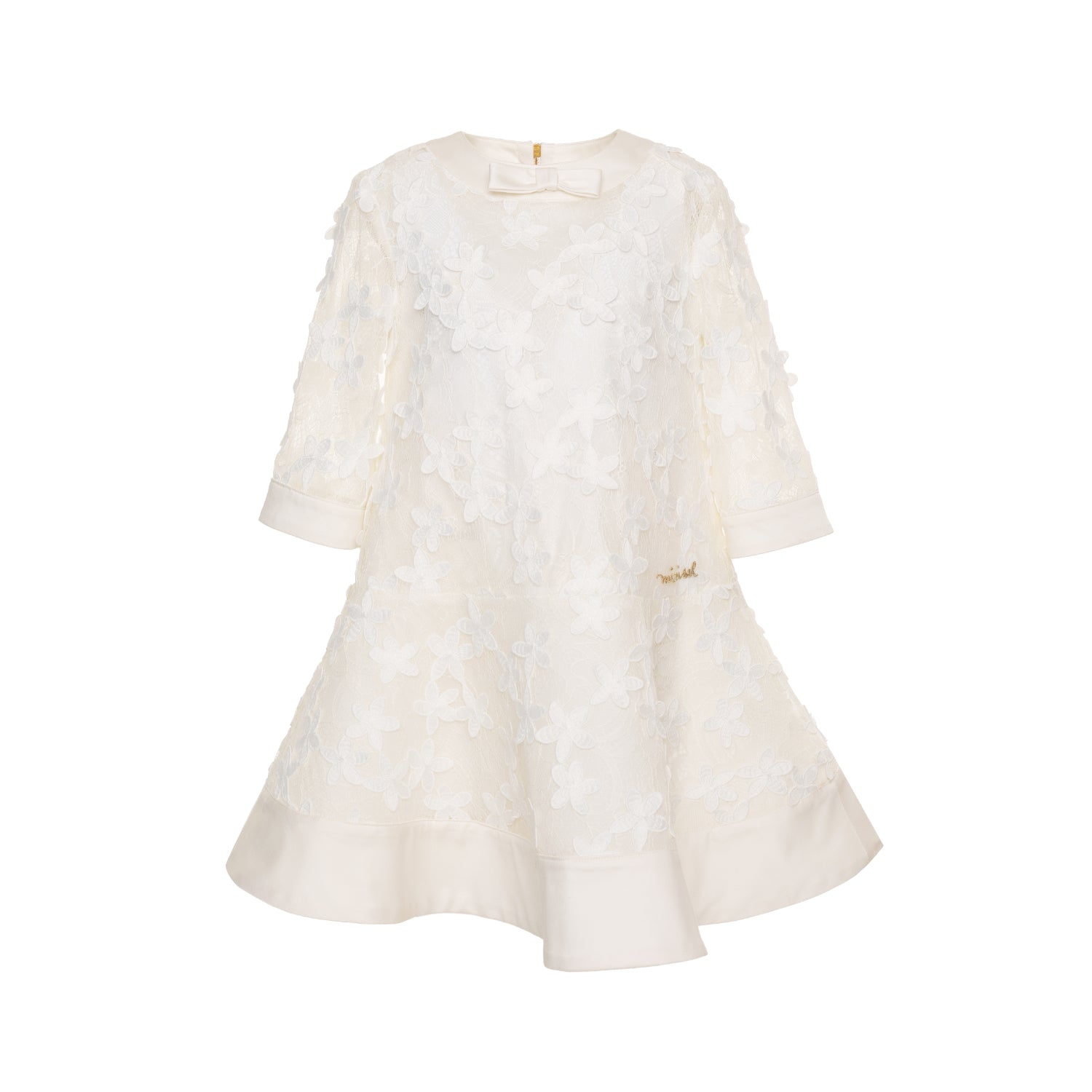 MiMiSol luxury cream lace dress for girls featuring 3D floral appliqués, a decorative bow at the neck, and a flared hem on a white background.