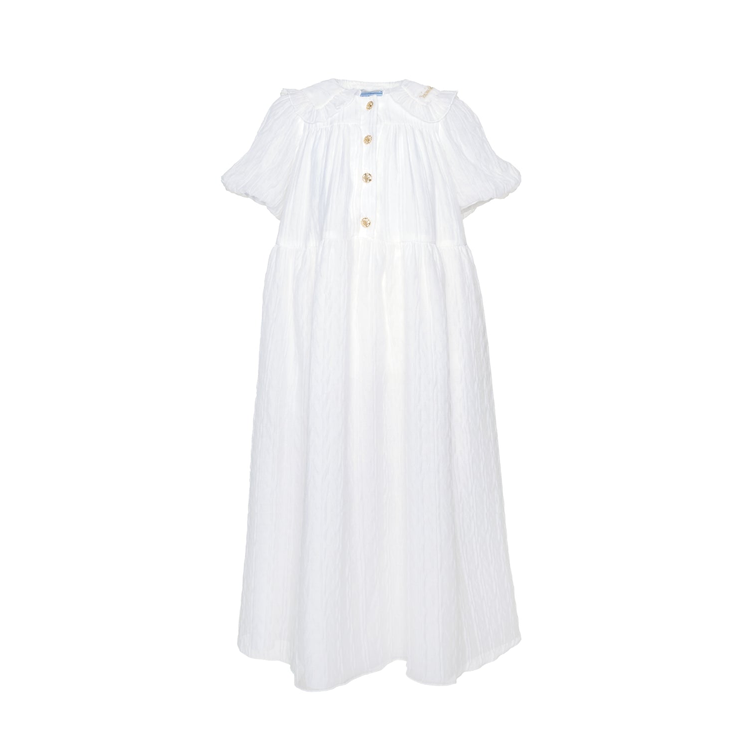 MiMiSol girl's dress with a ruffled Peter Pan collar, short puff sleeves, and three decorative gold buttons on the front, displayed against a white background.