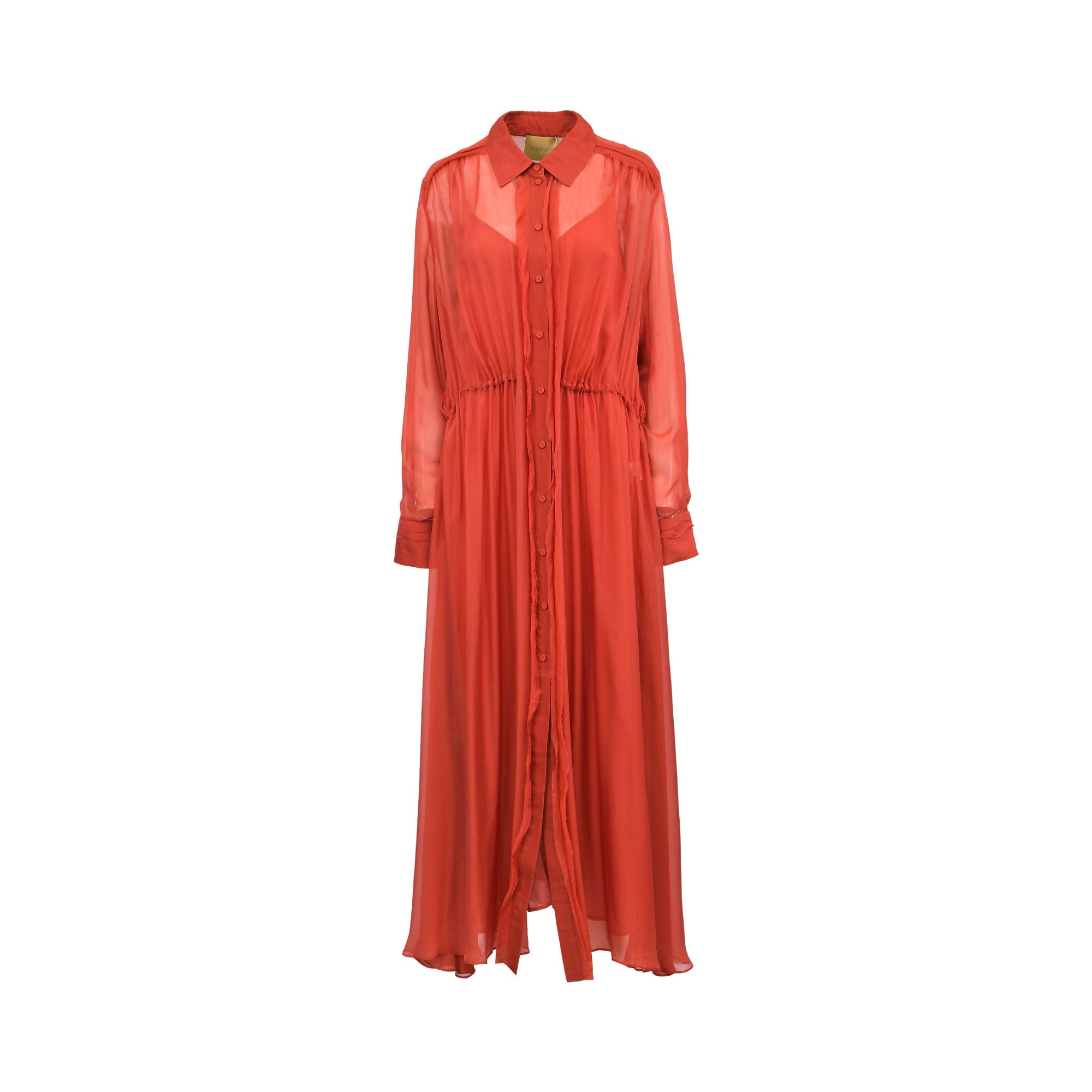 A long-sleeved, midi-length red dress with a sheer mesh overlay on the chest and a button-up front, displayed on a clean white background.