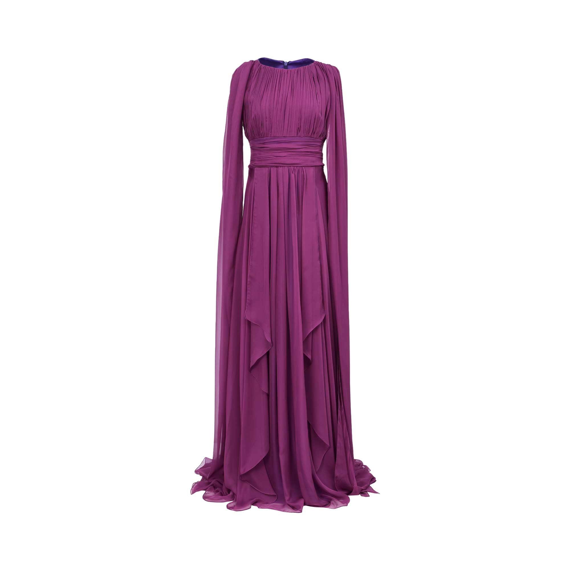 A full-length front view of a burgundy MOONMAINS floral lace gown featuring a high neck, long sleeves with flared cuffs, and a tiered skirt hem against a white background.