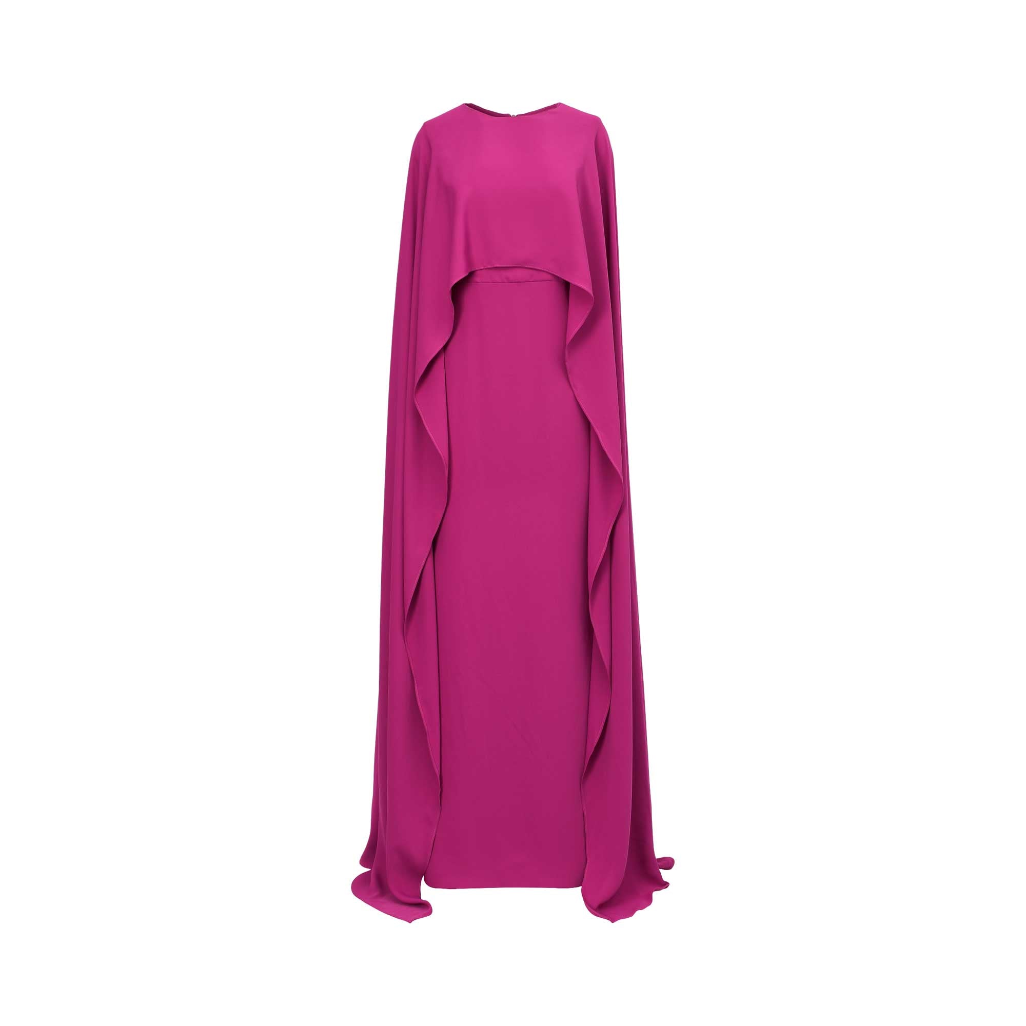 Front view of a MOONMAINS fuchsia pink maxi dress featuring a high neckline and a dramatic floor-length integrated cape overlay.