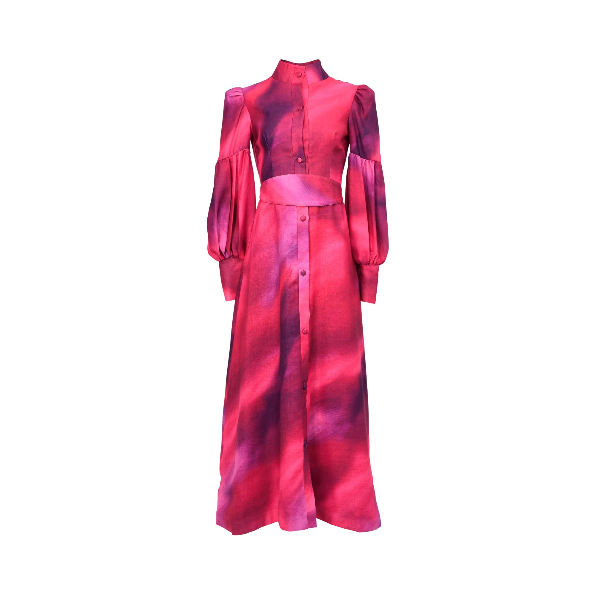 Front view of a magenta and plum abstract ombre MOONMAINS maxi gown featuring a high collar, button-down front, and voluminous bishop sleeves.