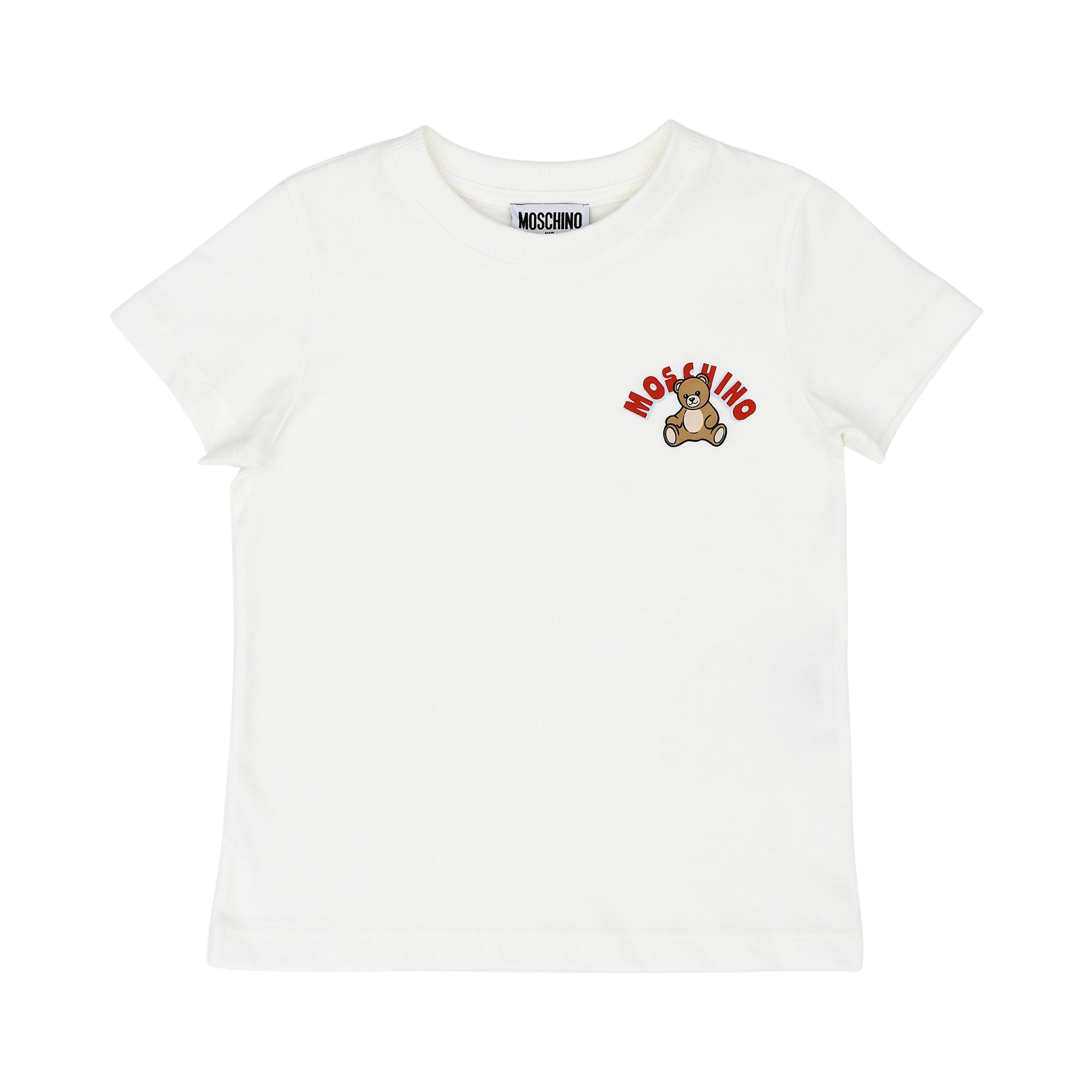 Front view of a black Moschino Kids T-shirt featuring a white Double Question Mark logo on the chest.