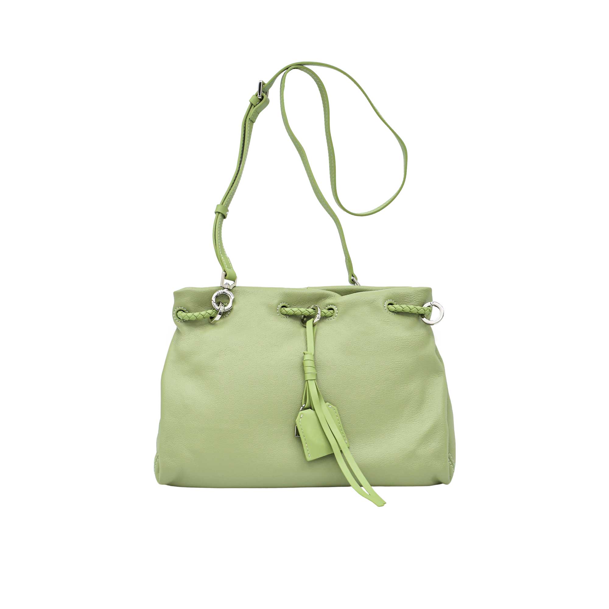 Full front shot of a light green leather MUNI handbag with its shoulder strap extended vertically, from BLUE SALON.