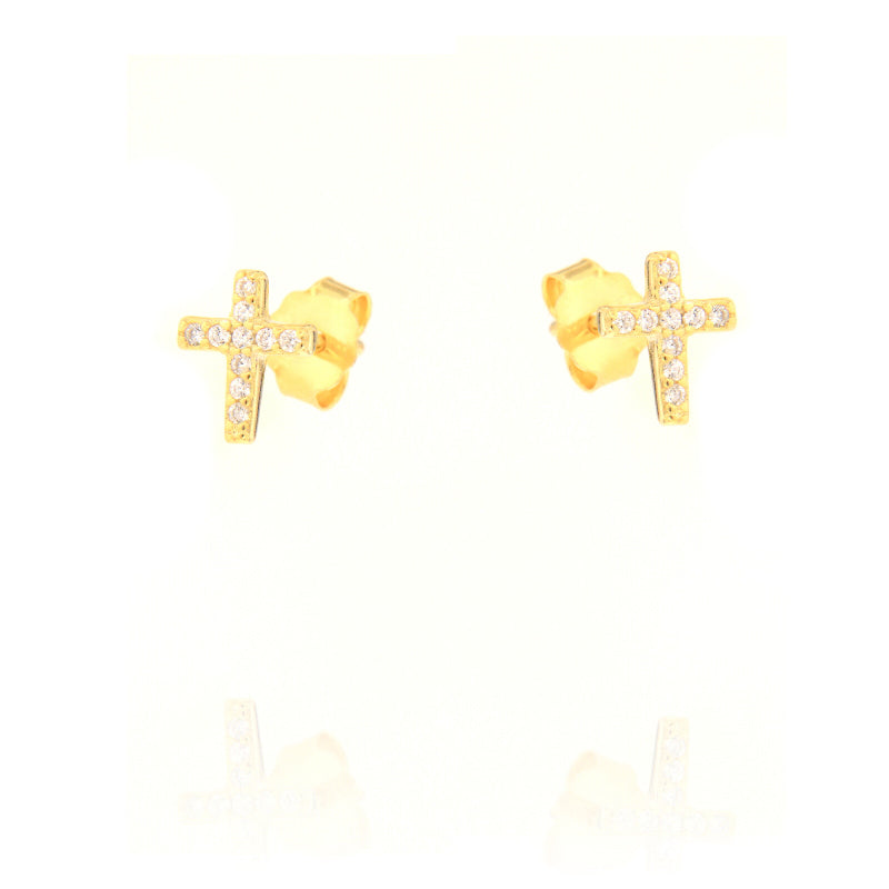 Small gold-coloured cross stud earring with pavé-set clear stones and a post-back closure, shown from the front.