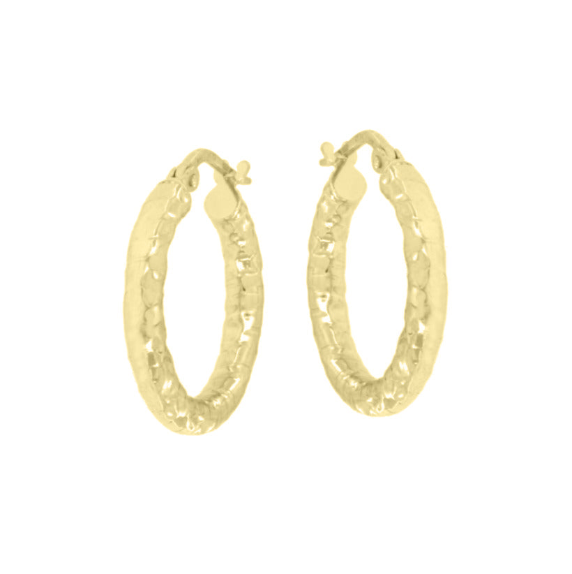 Pair of gold-toned oval hoop earrings with a hammered texture and hinged closures.