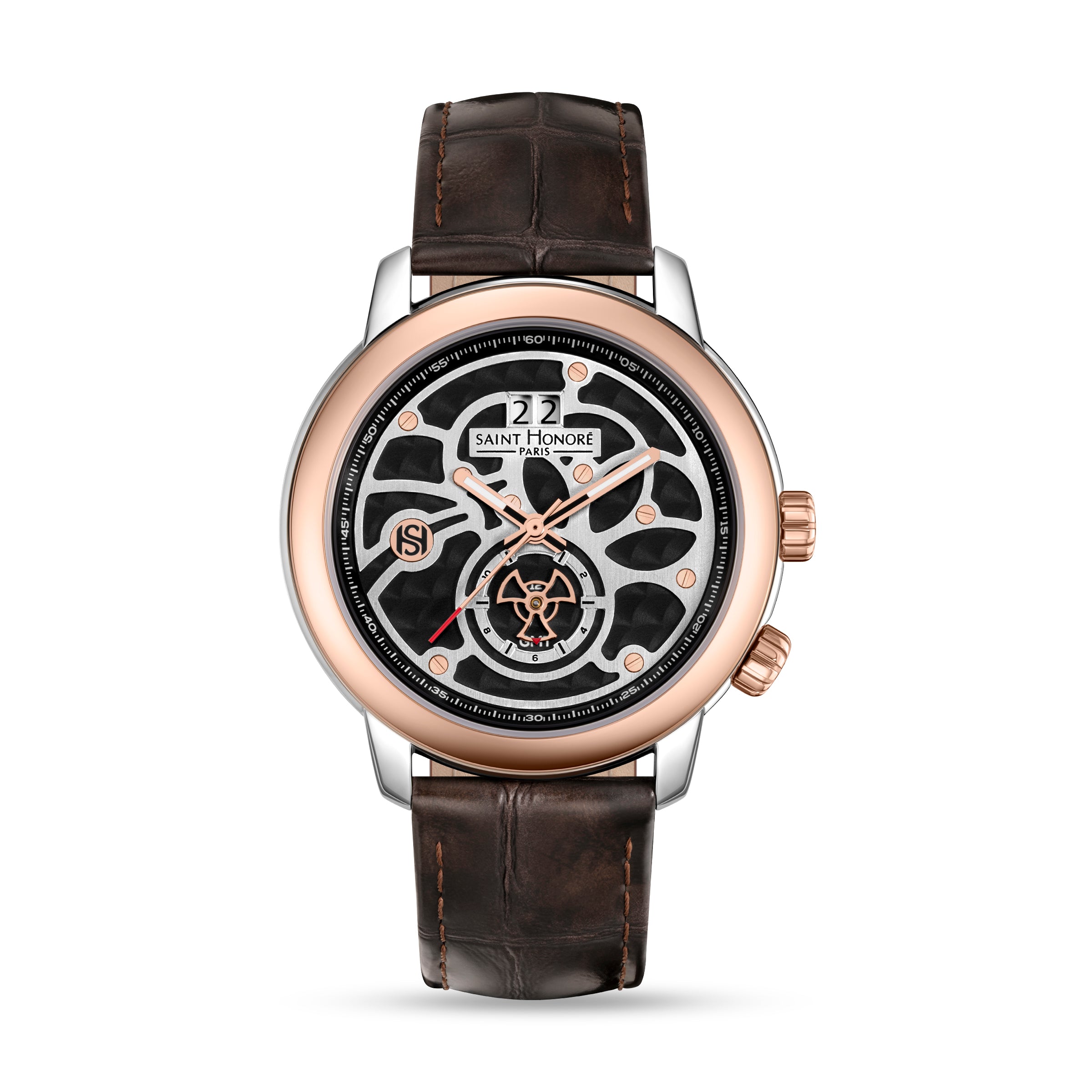 Saint Honore men's watch with a silver and rose gold-toned case, black skeleton dial, and dark brown crocodile-embossed leath