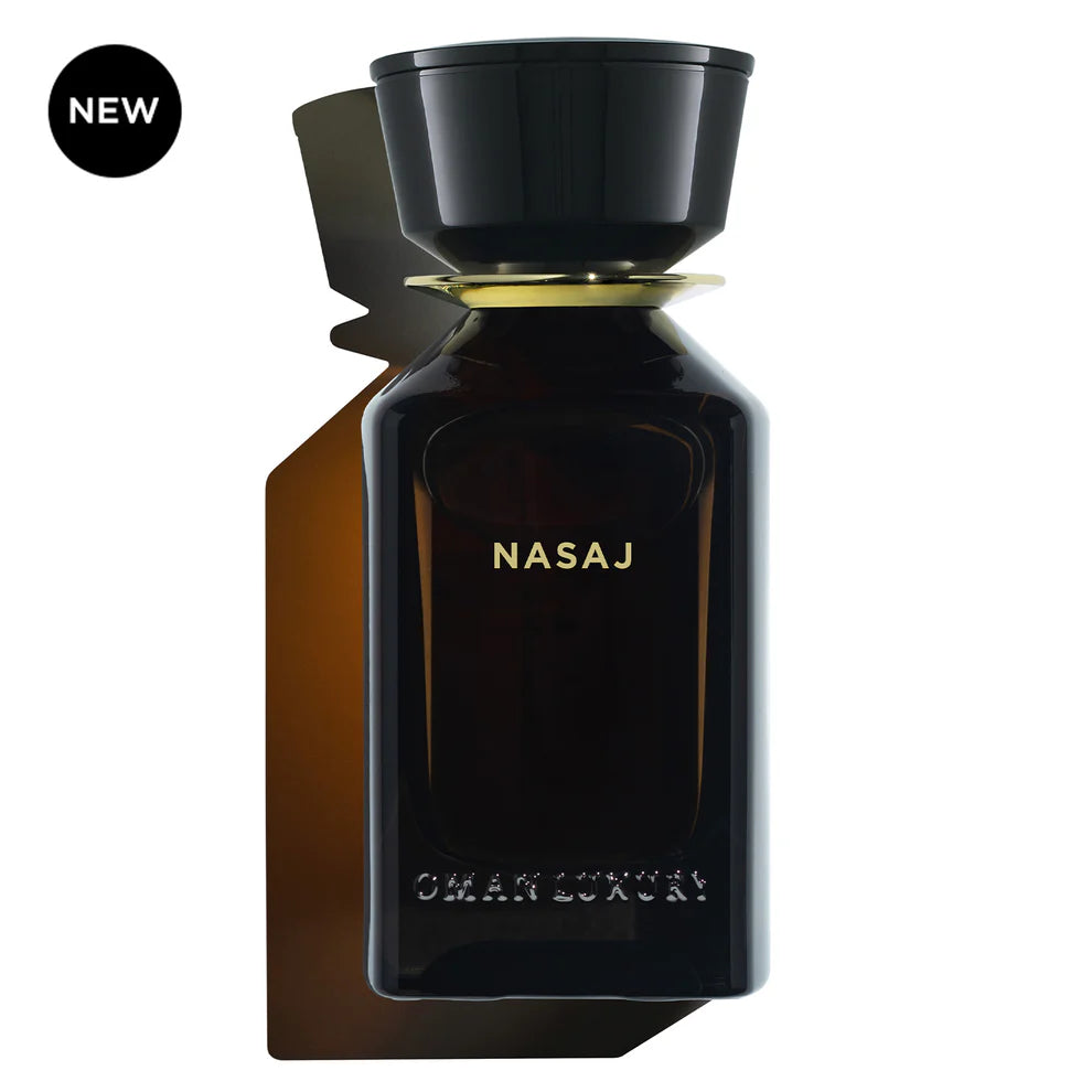 Oman Luxury Nasaj Eau de Parfum in a dark amber glass bottle with a black architectural cap and gold collar, featuring a black "NEW" tag.