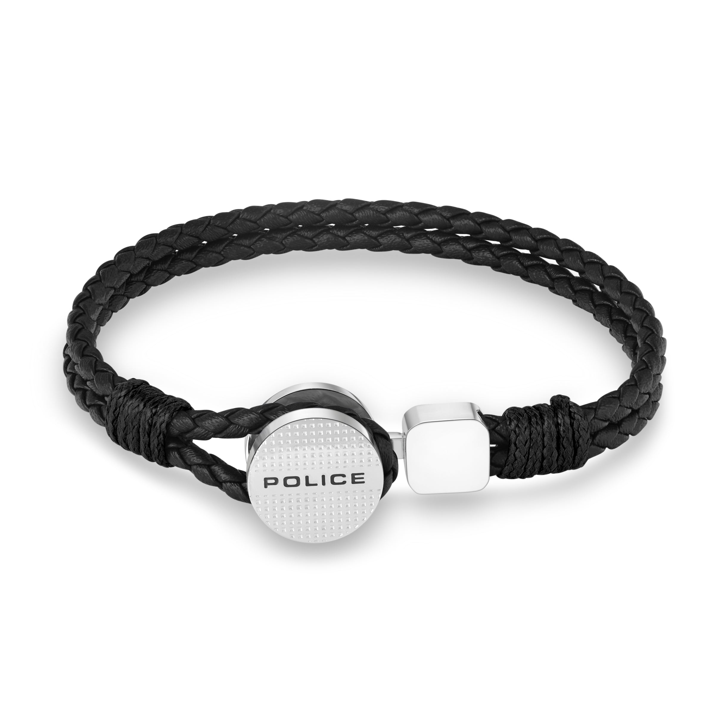 Black double-strand braided leather bracelet with a silver-toned metal clasp featuring a textured circular Police logo.