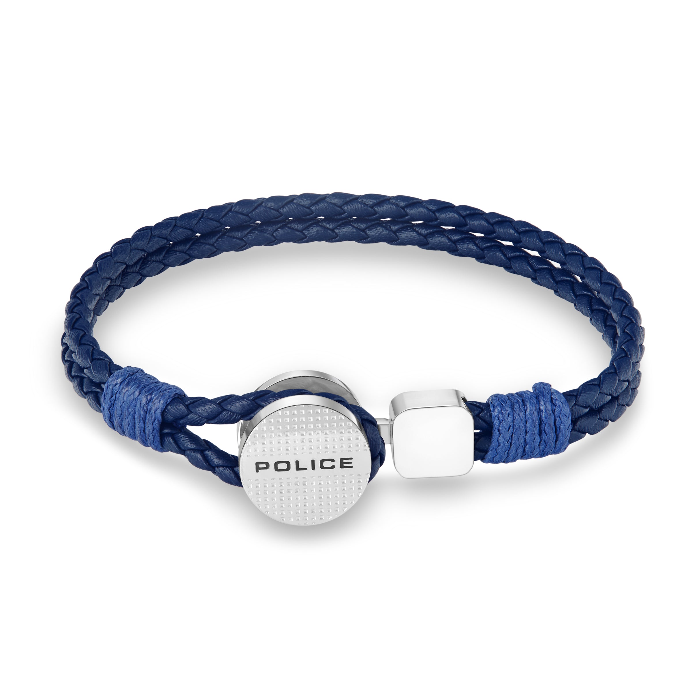 Navy blue braided leather bracelet with a silver-toned circular clasp featuring a textured surface and 'POLICE' engraving.