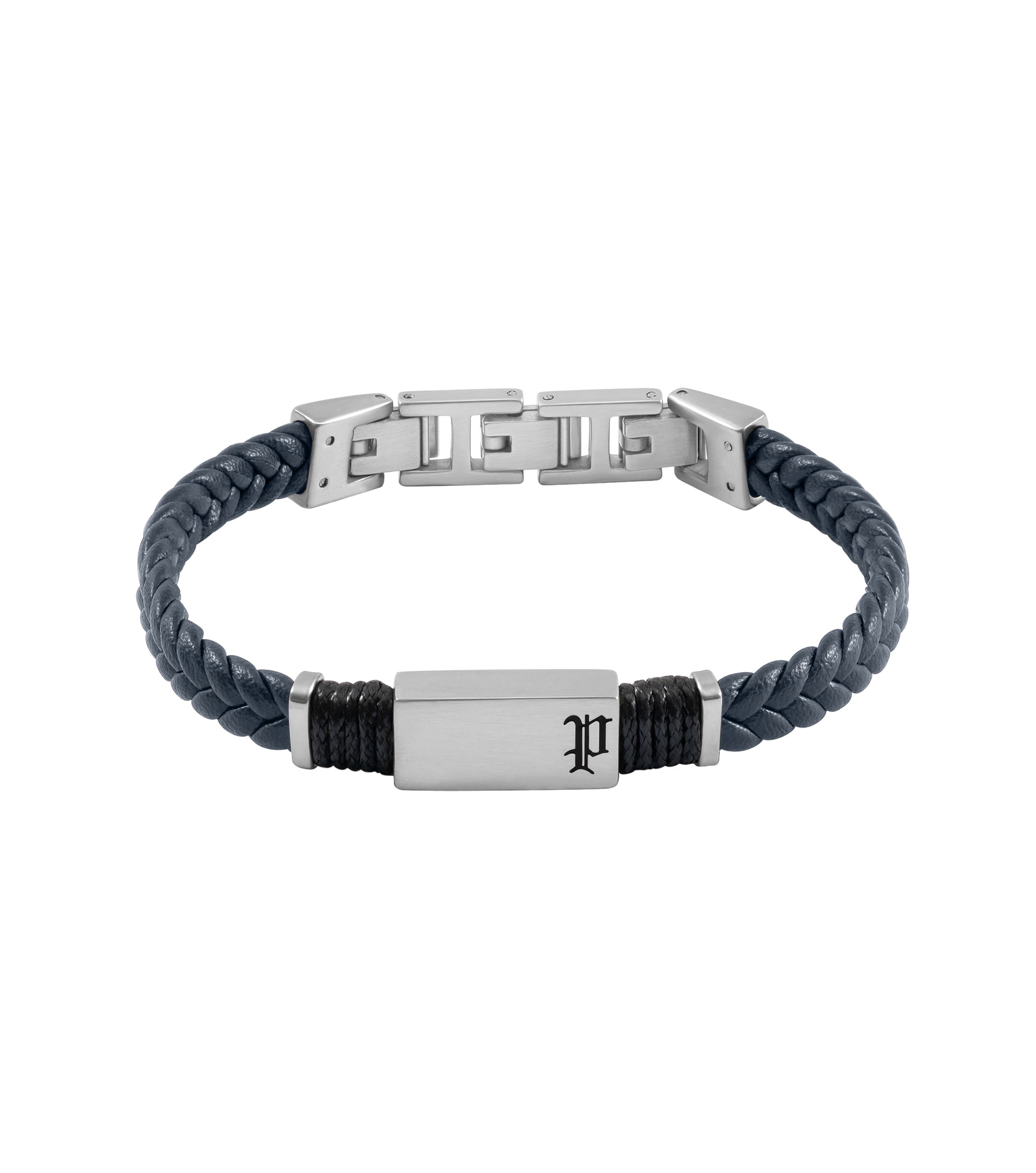 Police men's bracelet with dark blue braided leather cord, brushed silver-toned stainless steel plaque with 'P' logo, and cla