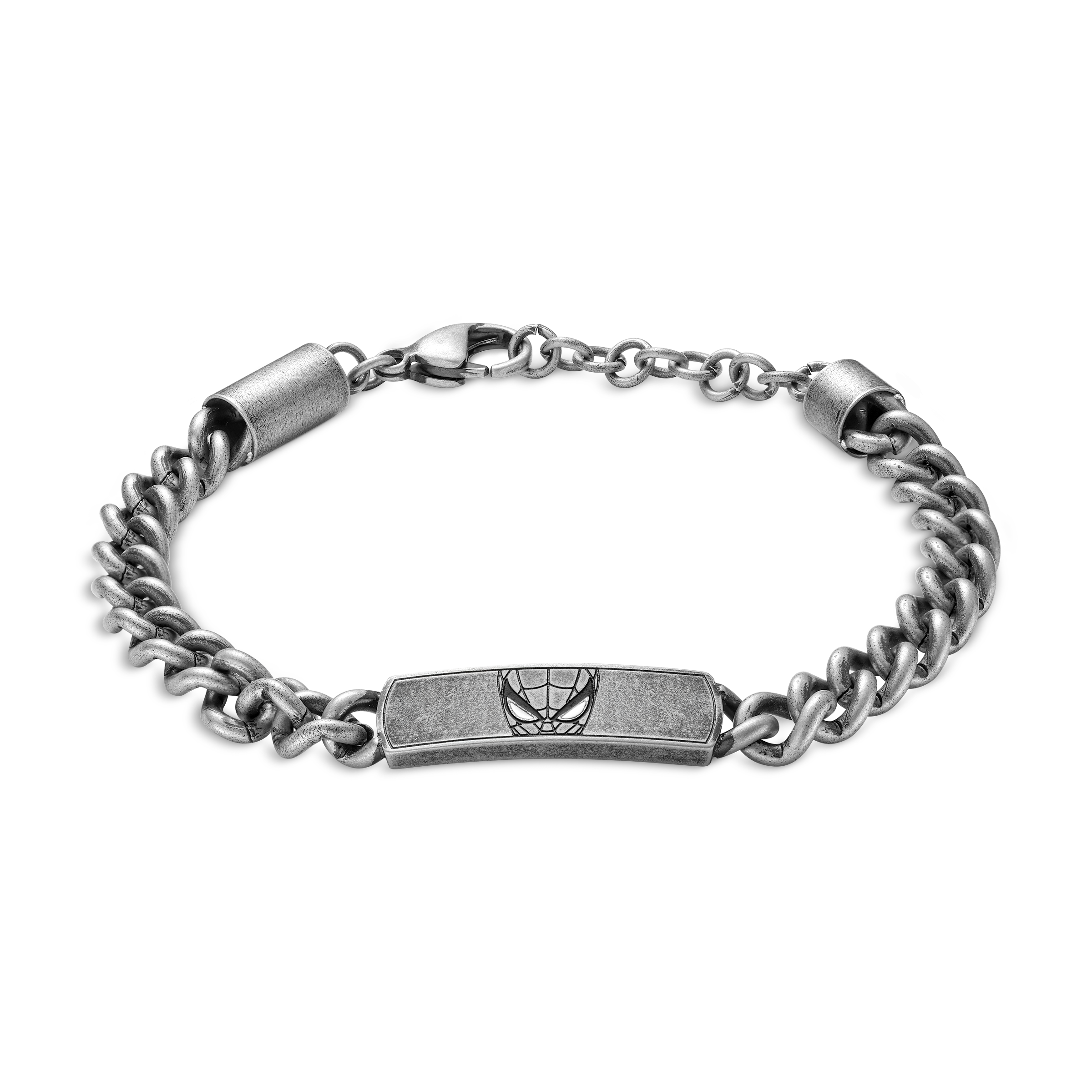 Antiqued silver-toned metal curb chain bracelet with a rectangular central plate featuring an embossed superhero mask.