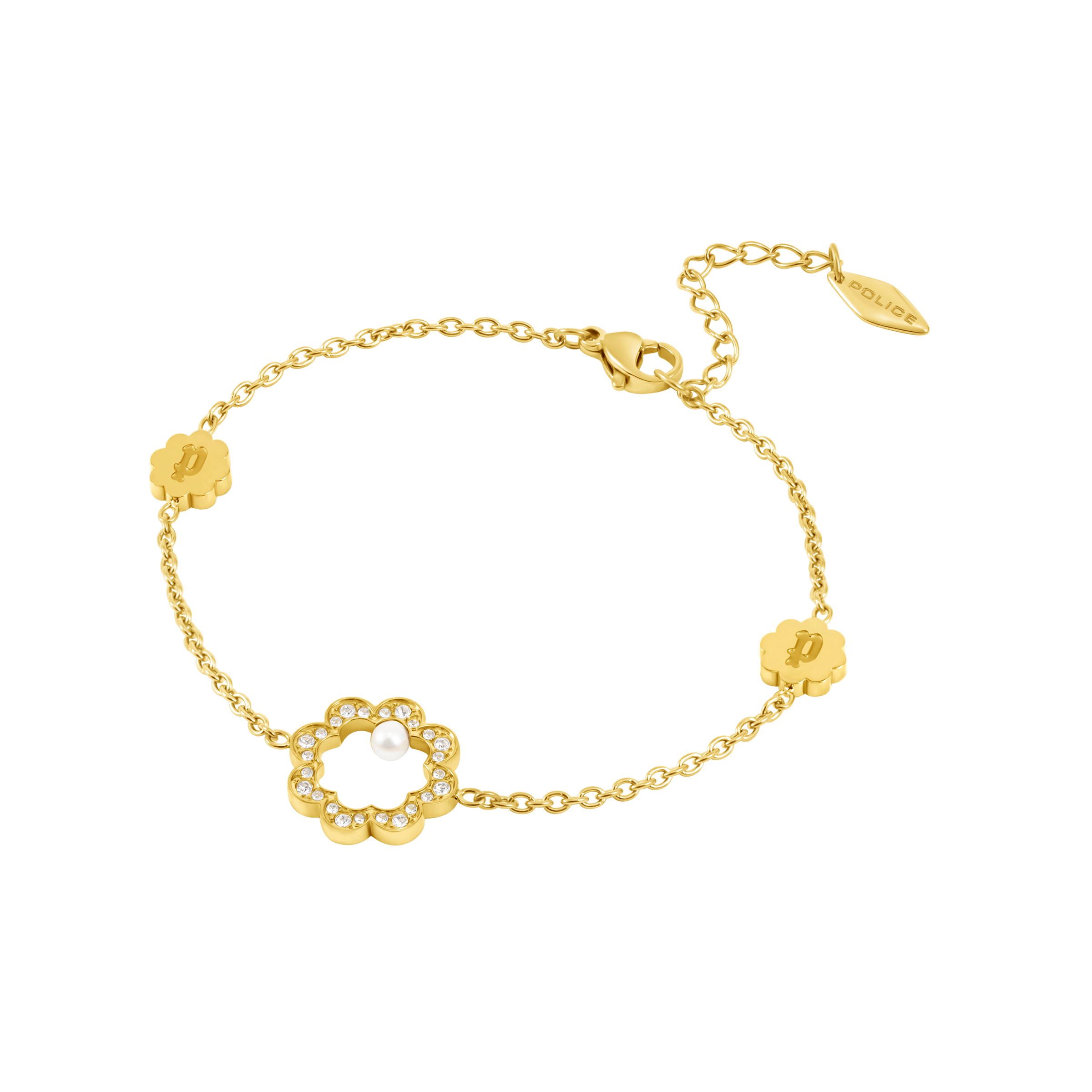 Gold-toned chain bracelet with a central flower-shaped charm adorned with clear crystals and a white pearl.