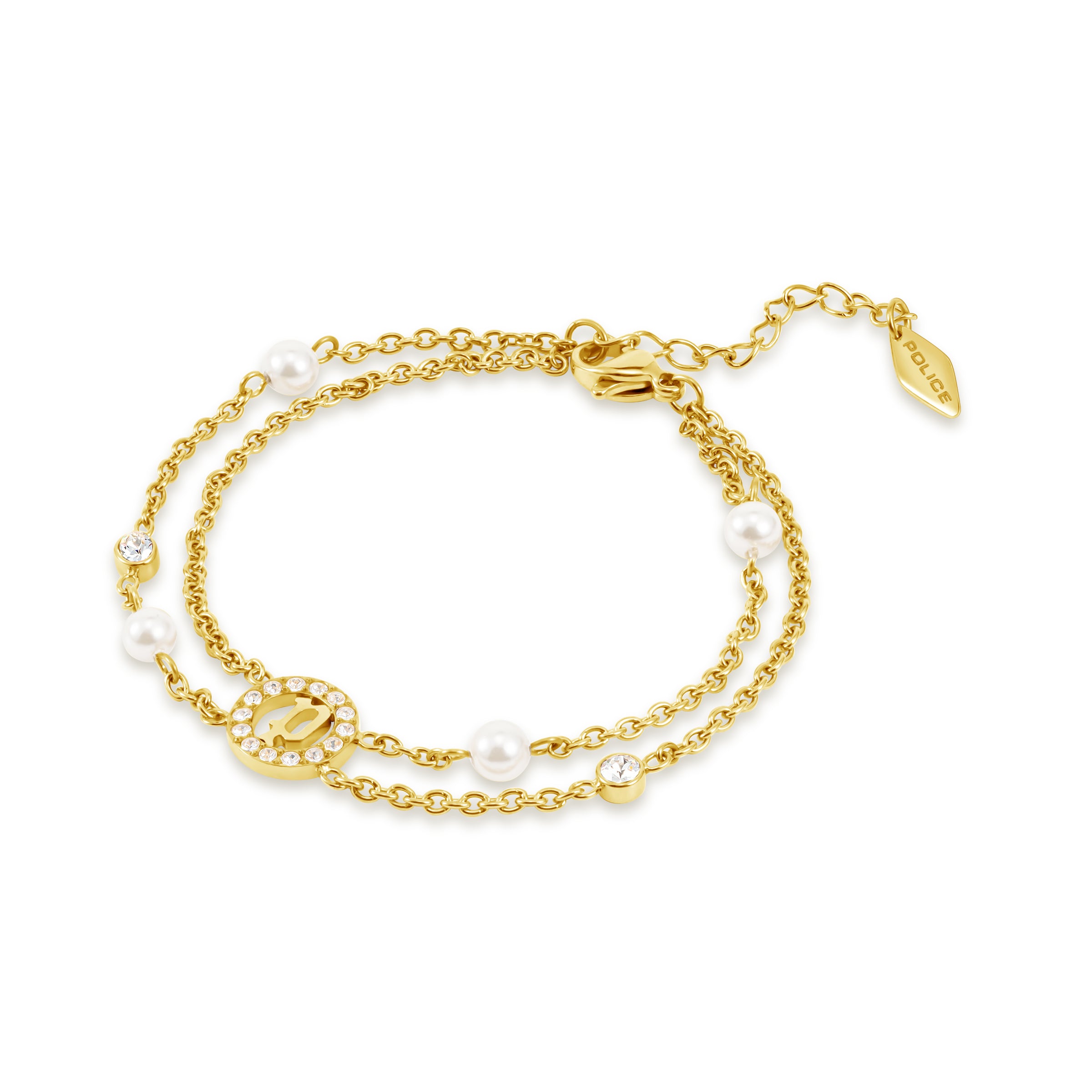Gold-toned double chain bracelet with white faux pearls, clear crystals, and a central 'P' initial motif