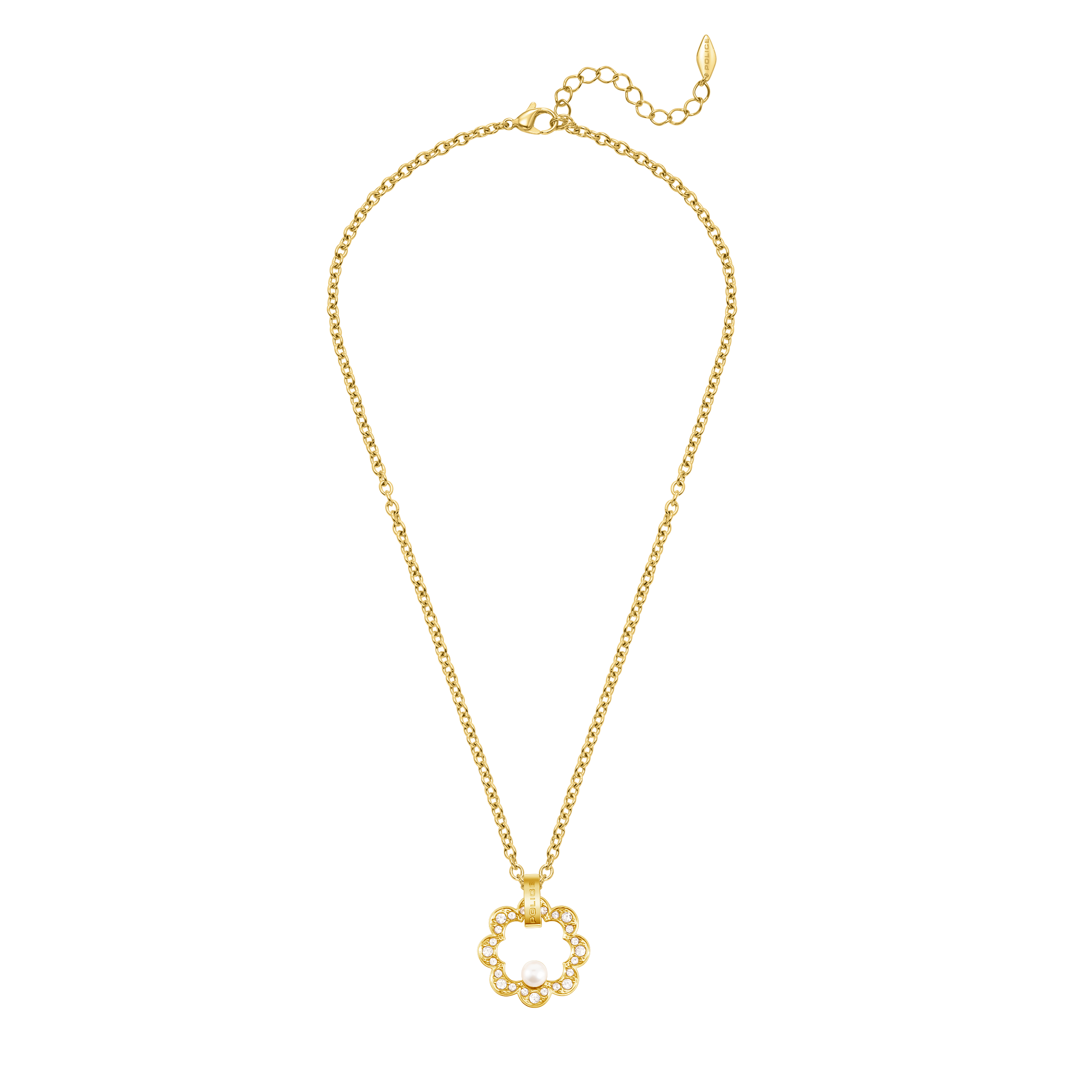 Gold-toned delicate chain necklace with a floral-shaped pendant featuring clear crystals and a central white pearl bead.