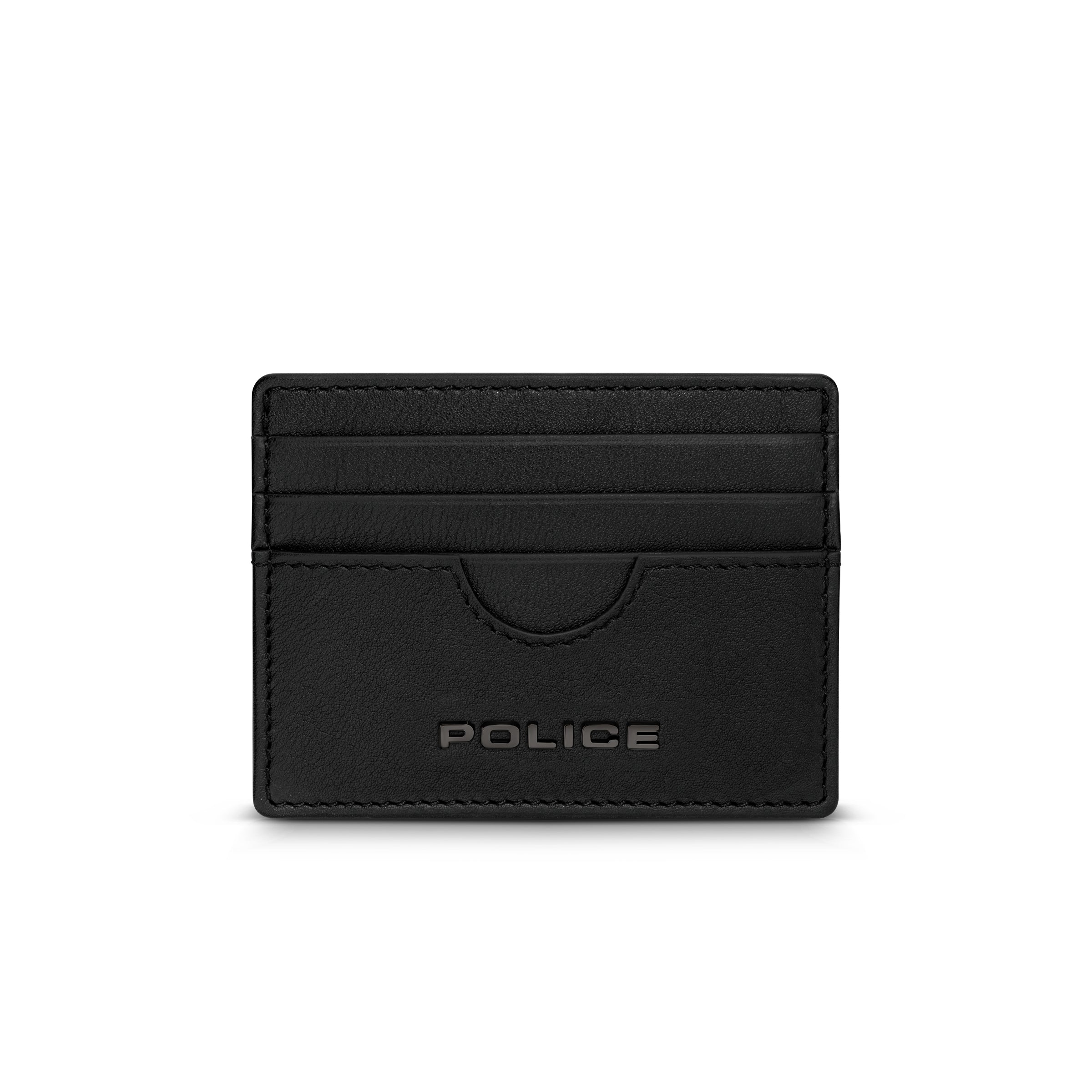 Black Police leather card case with four visible card slots and an embossed logo on the front.