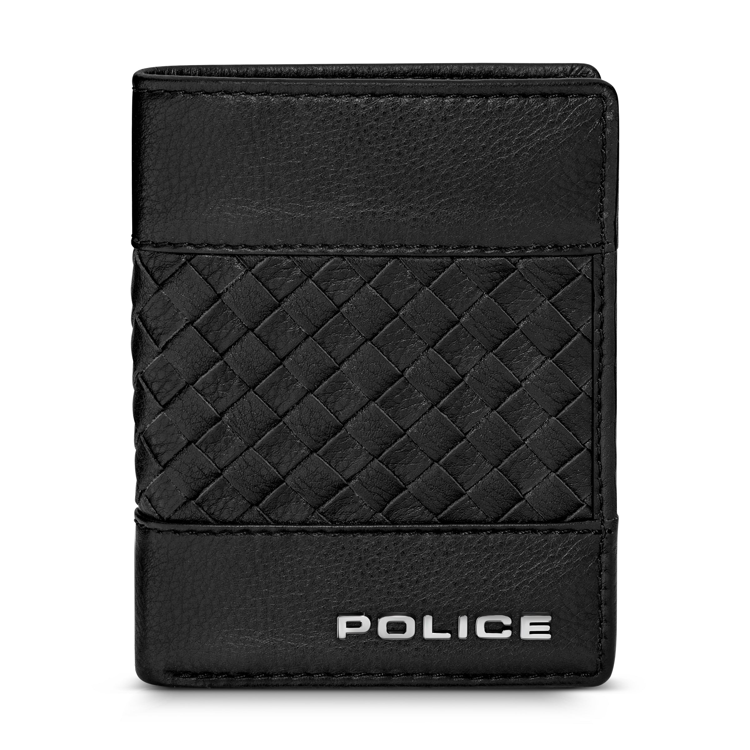 Black leather card case with a central woven texture panel and smooth leather sections, featuring a silver-toned Police logo.