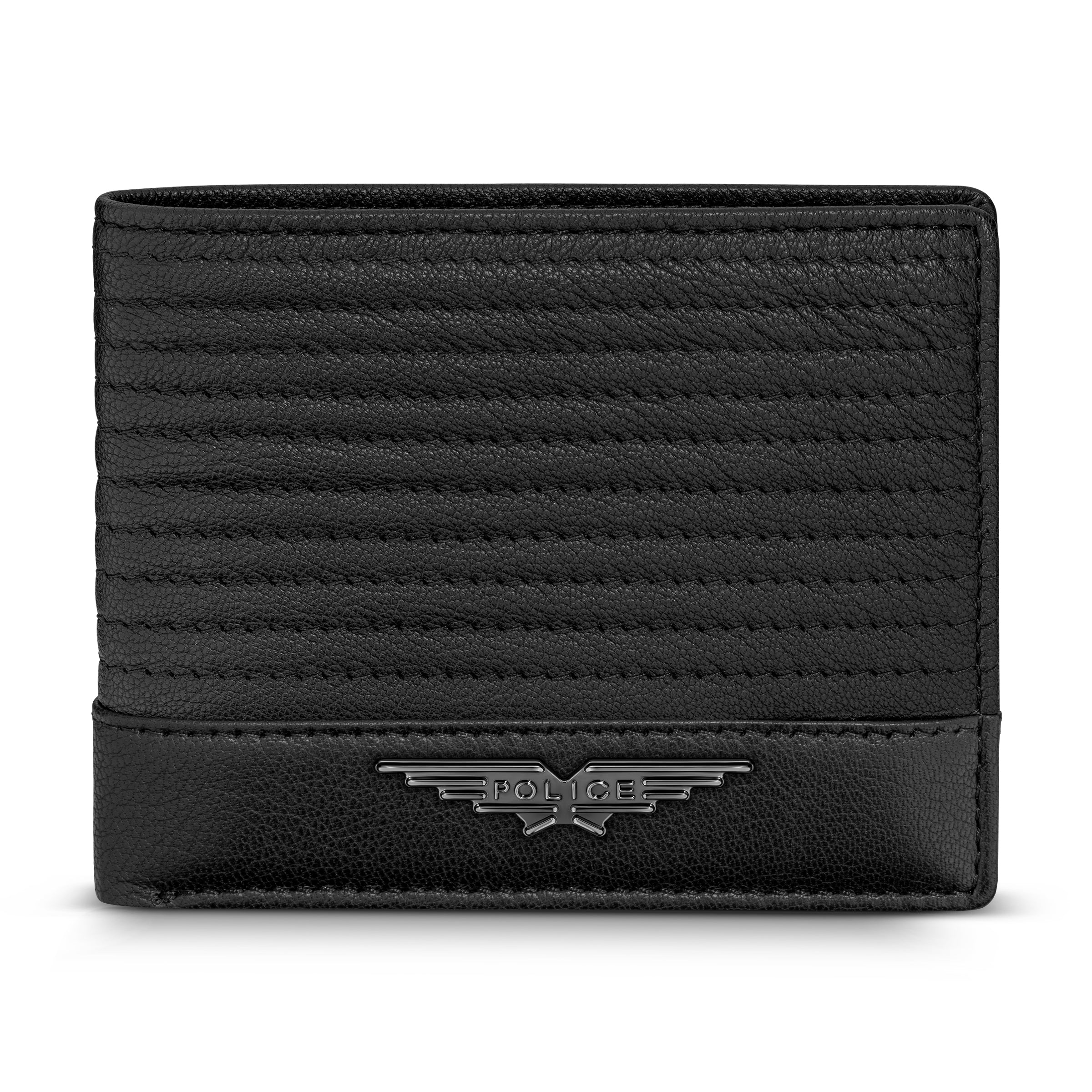 Black Police leather bi-fold wallet with horizontal quilted stitching and a gunmetal-toned winged Police logo emblem.