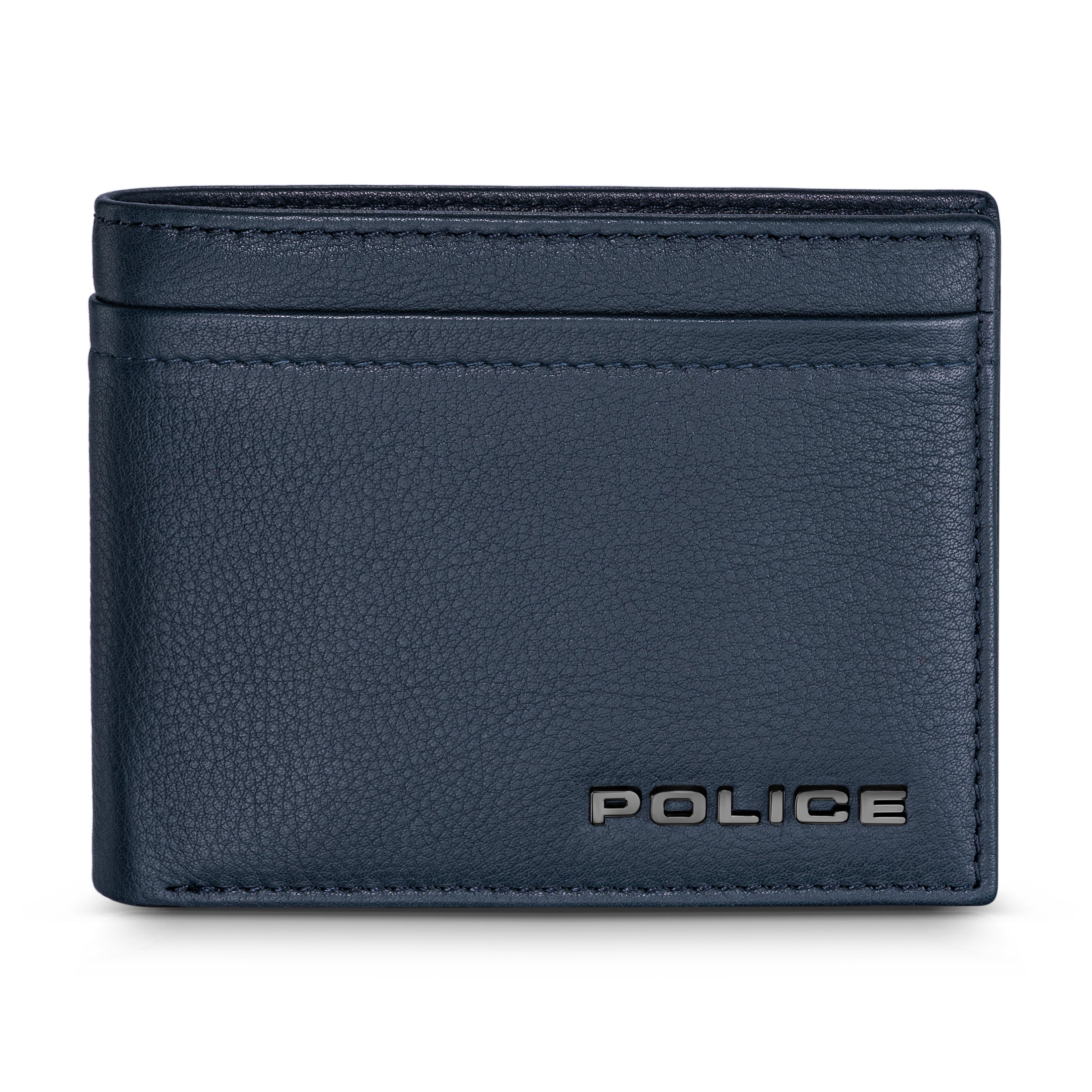 Navy blue pebbled leather bifold wallet with visible card slots and a metallic 'POLICE' logo on the front.