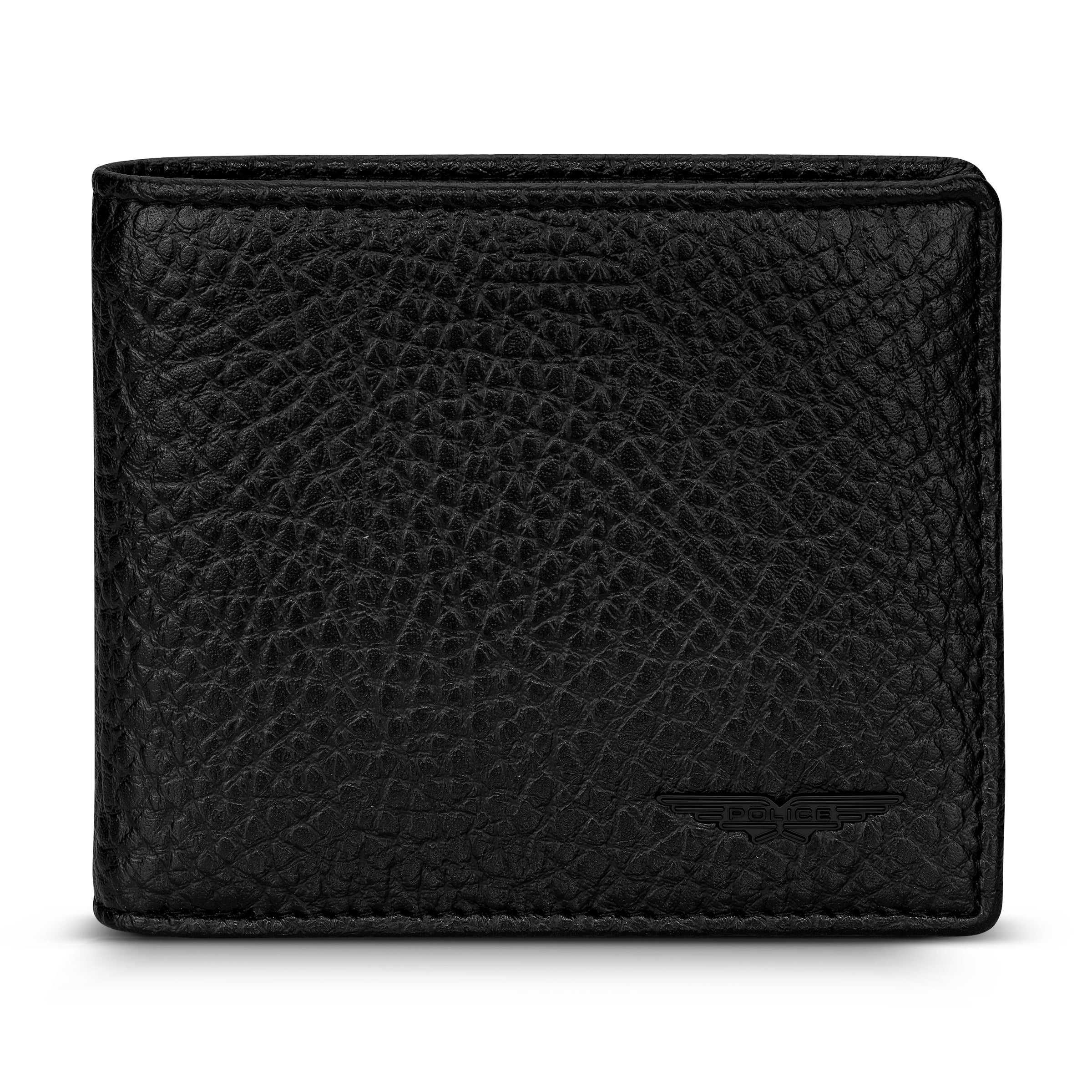 Black bifold wallet made of pebbled leather, featuring an embossed Police logo on the front.