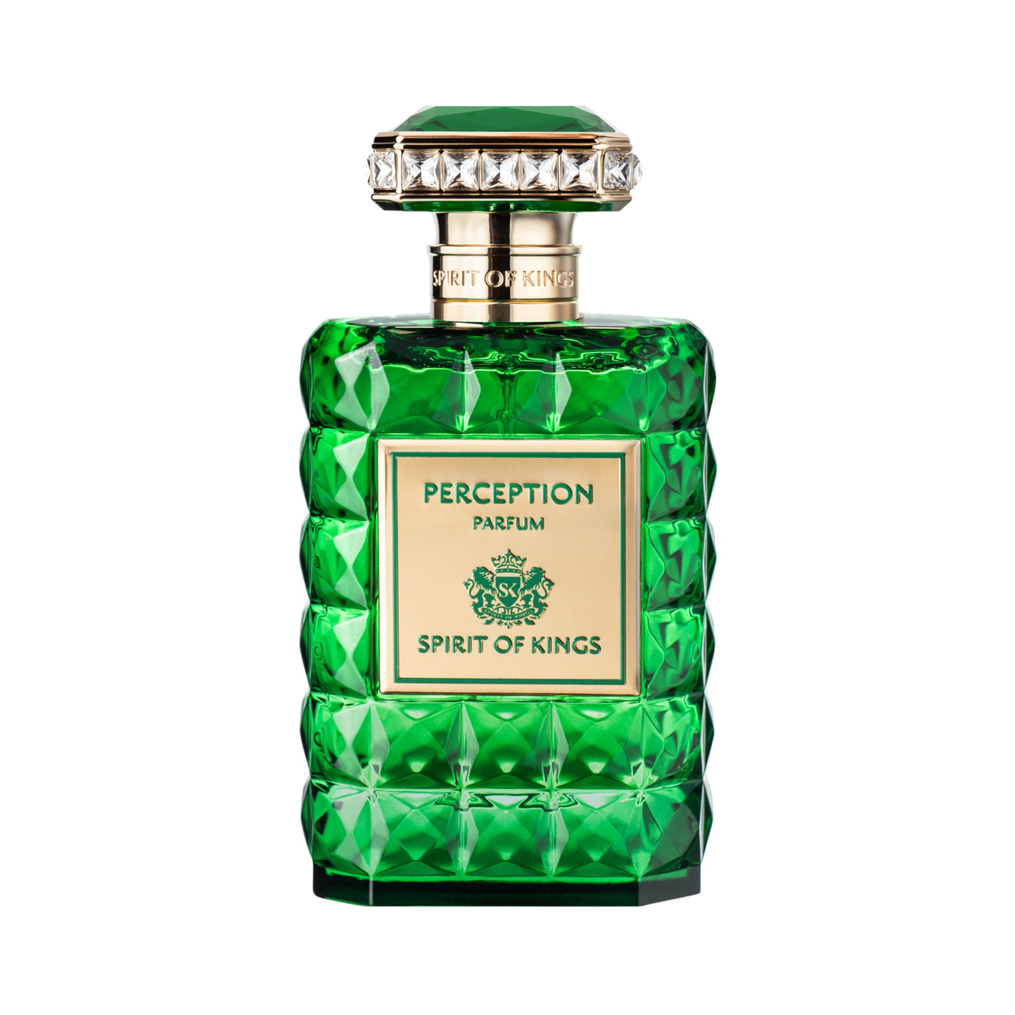 Emerald green faceted glass perfume bottle with a gold-toned cap featuring clear crystal embellishments and a green gem top.
