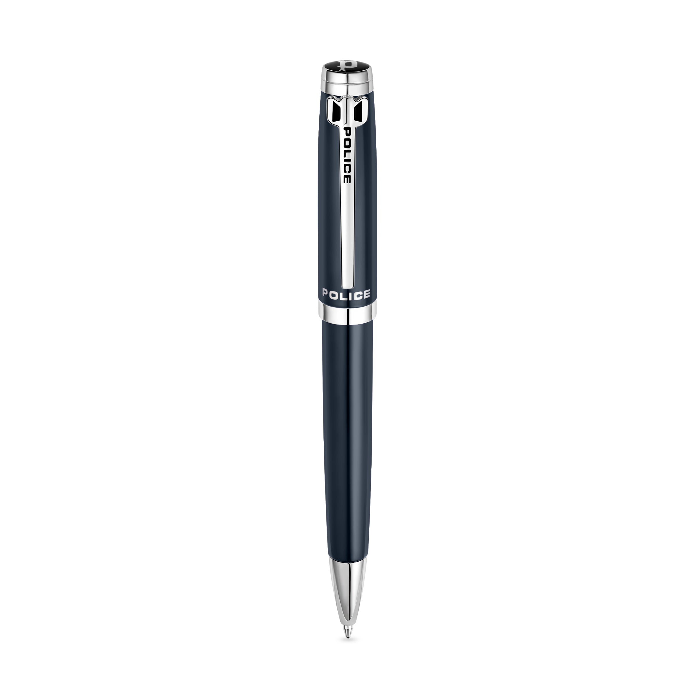 Dark blue Police ballpoint pen with chrome-toned clip, tip, and accents, featuring engraved brand logos.