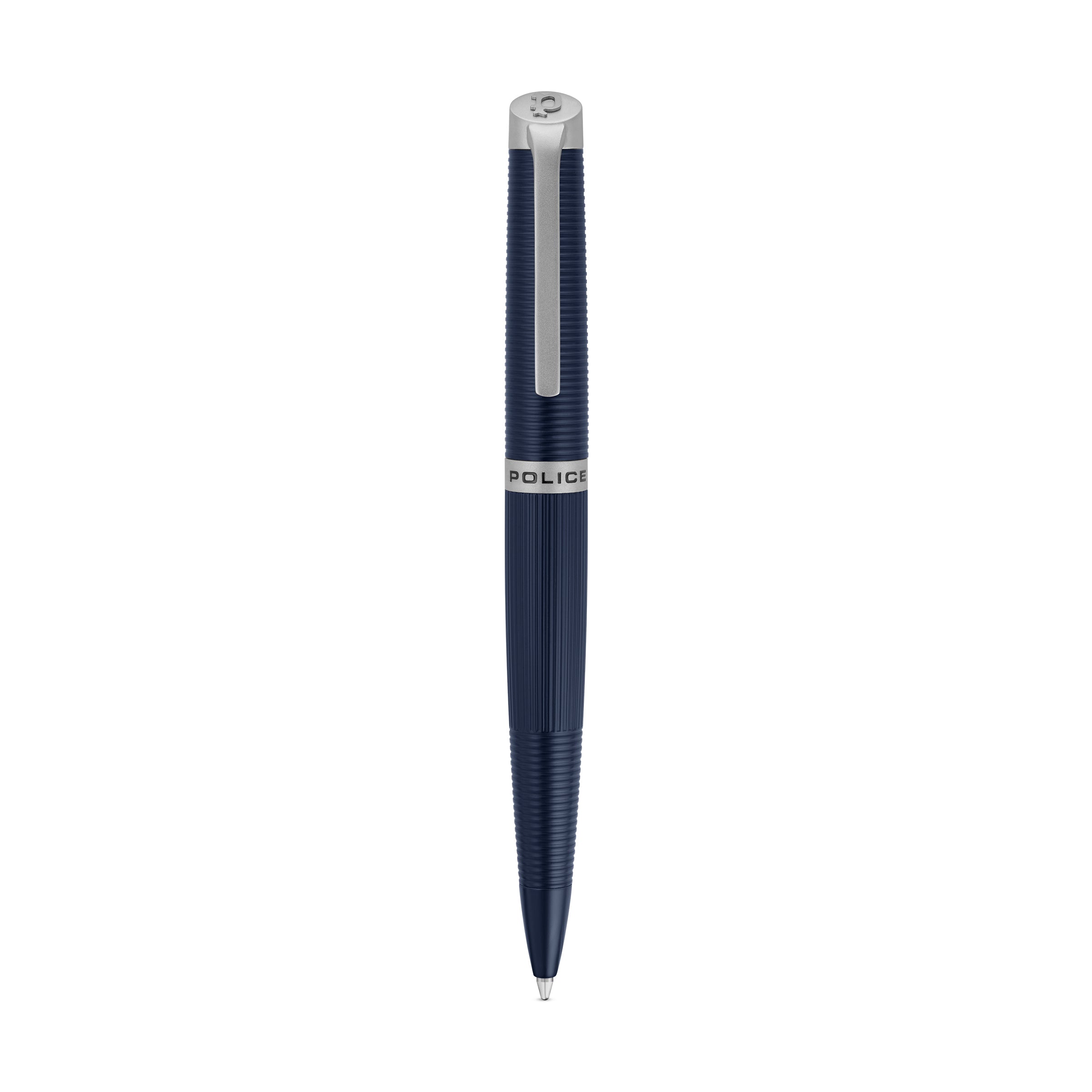 Dark blue pen with a ribbed barrel and silver-toned clip, featuring the Police logo on the cap.