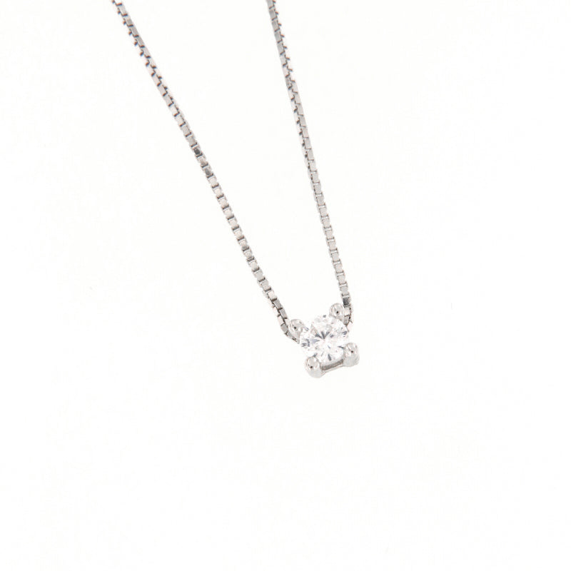 Silver-toned box chain necklace with a single round, clear zircon stone in a four-prong setting.