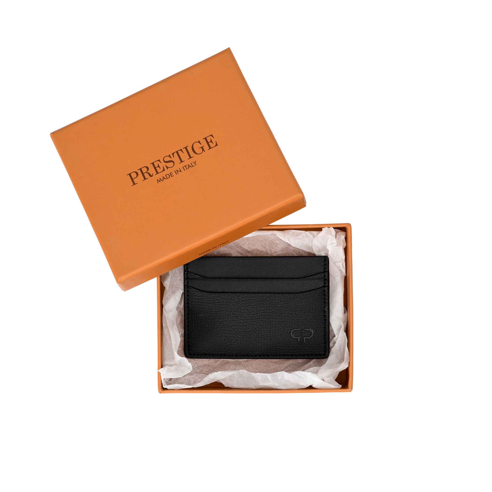 PRESTIGE black leather cardholder inside a premium orange gift box with tissue paper.
