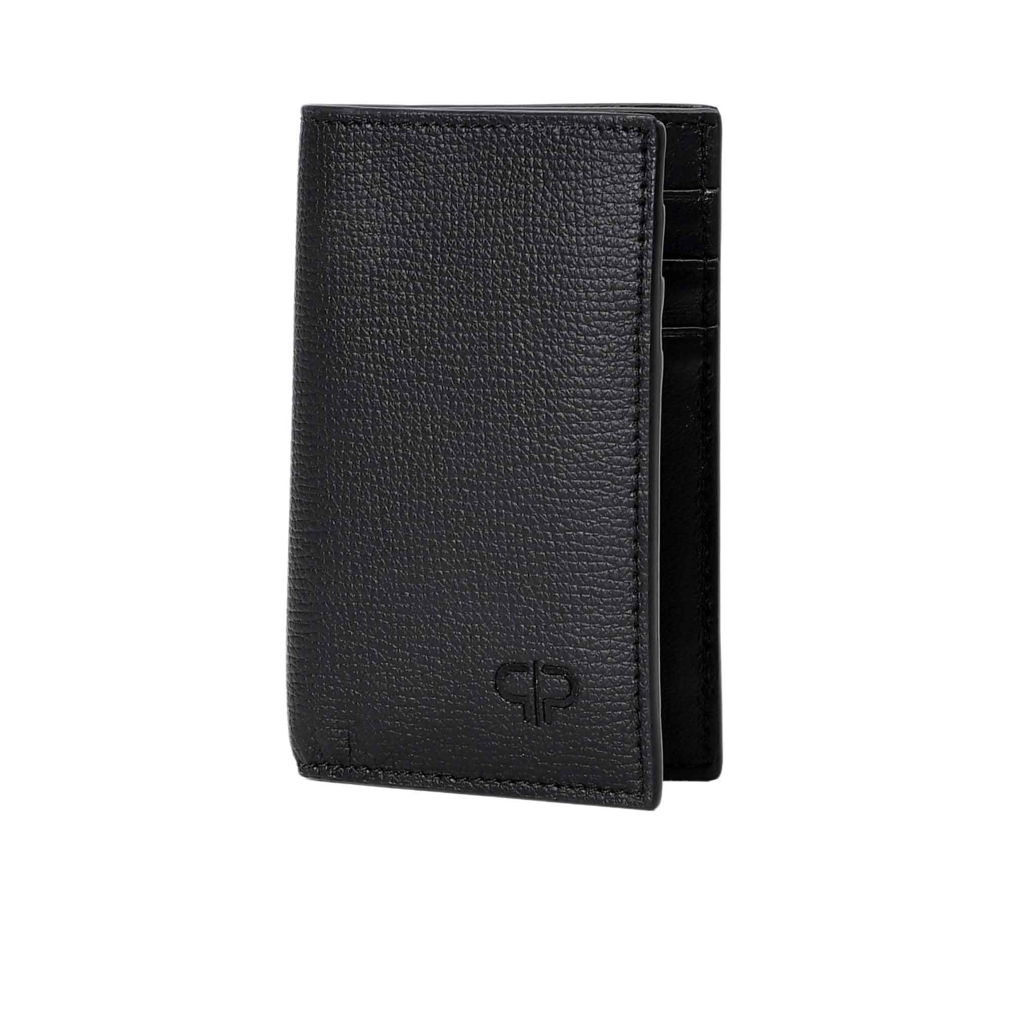 Three-quarter view of the slim PRESTIGE leather wallet highlighting the textured grain and side profile.