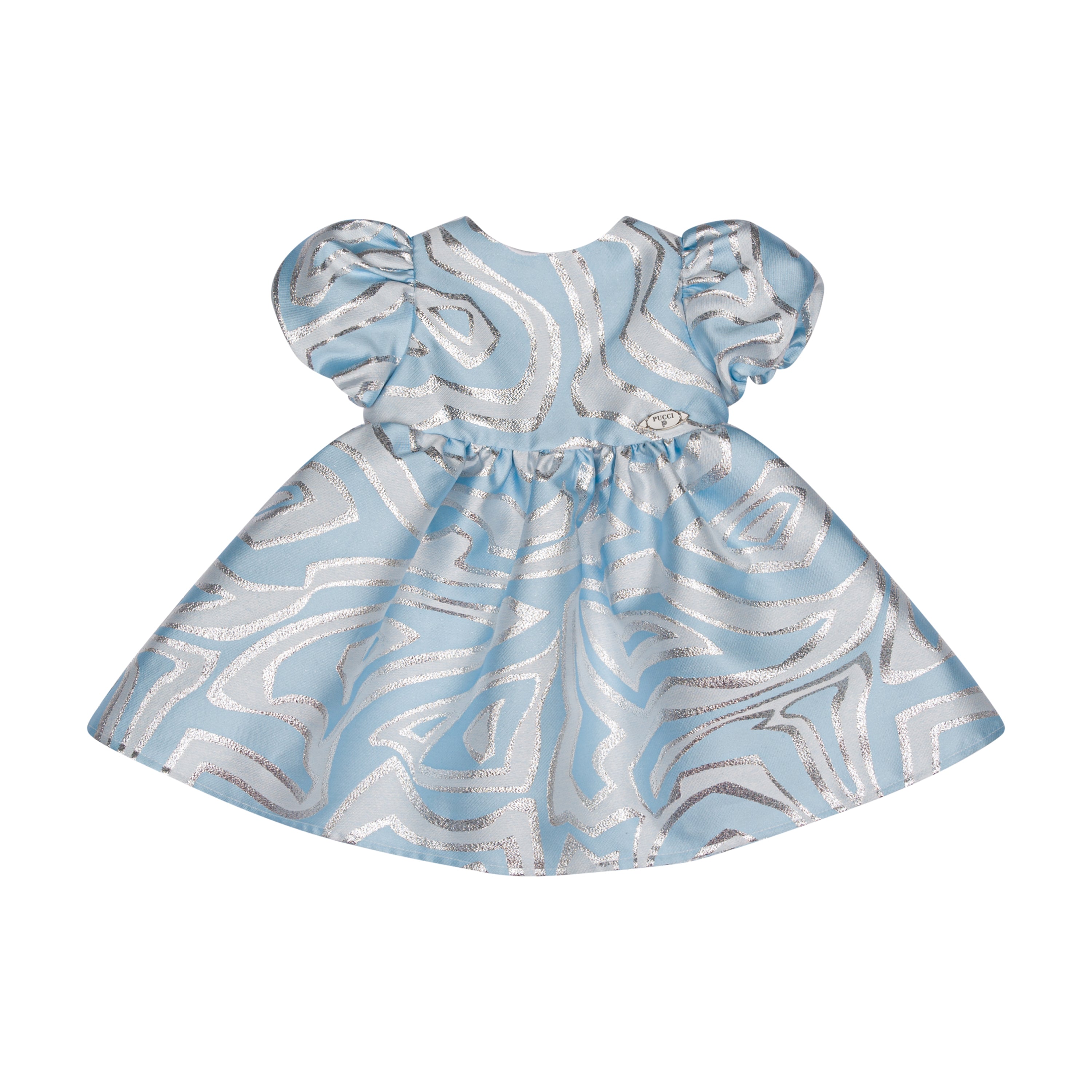 Light blue baby dress with silver abstract swirl pattern, puff sleeves, and gathered waist.