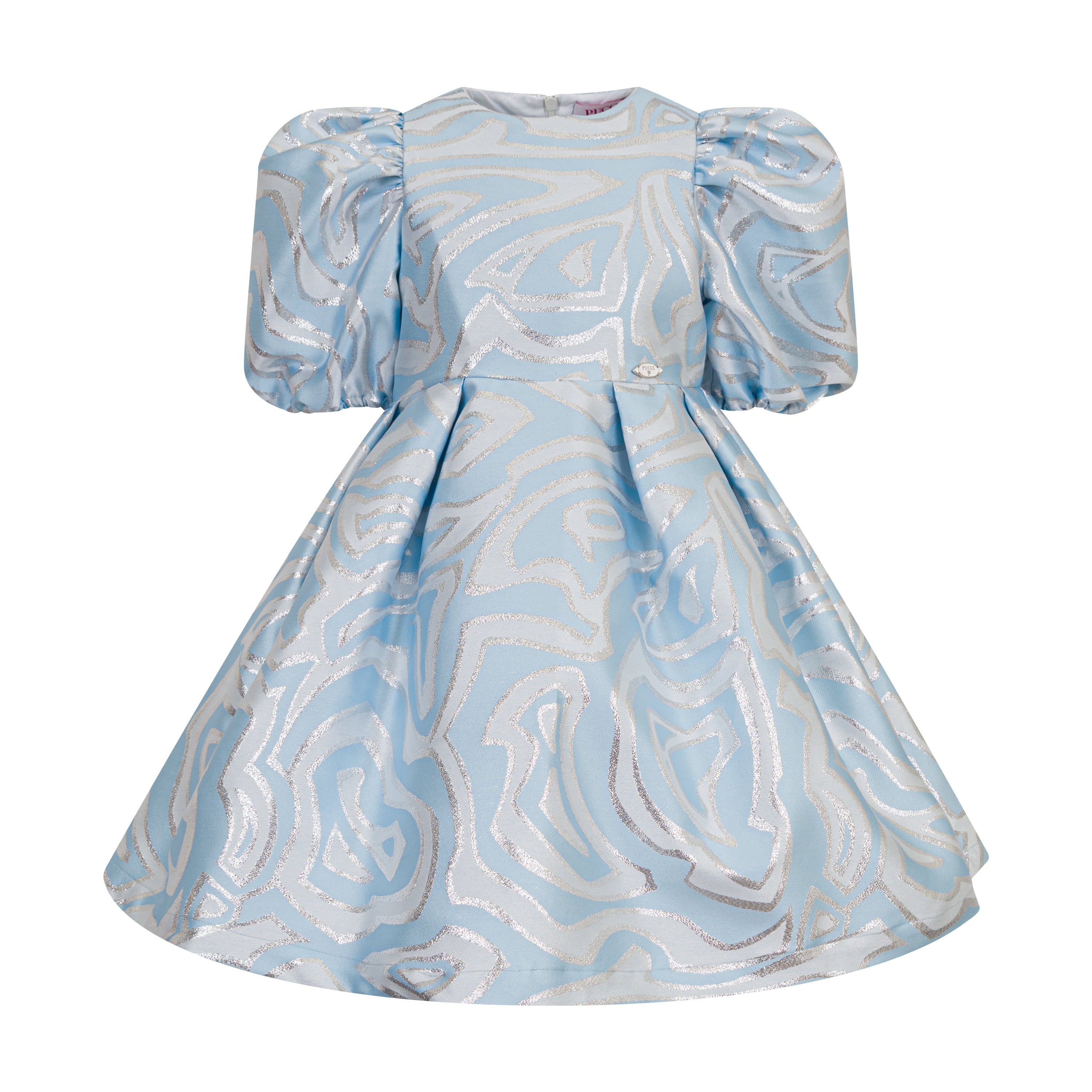Light blue dress with silver metallic swirling pattern, puffed sleeves, round neck, and a full pleated skirt.