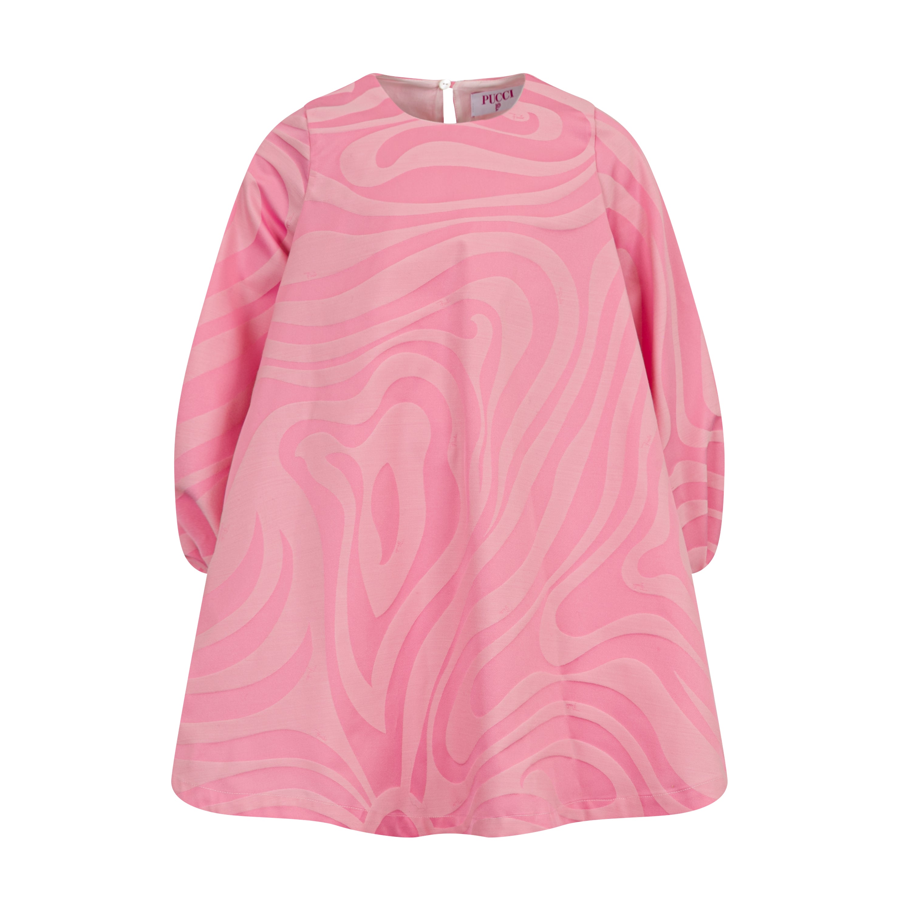 Pink A-line dress for kids with long sleeves and a lighter pink tonal swirl pattern, featuring a round neck.