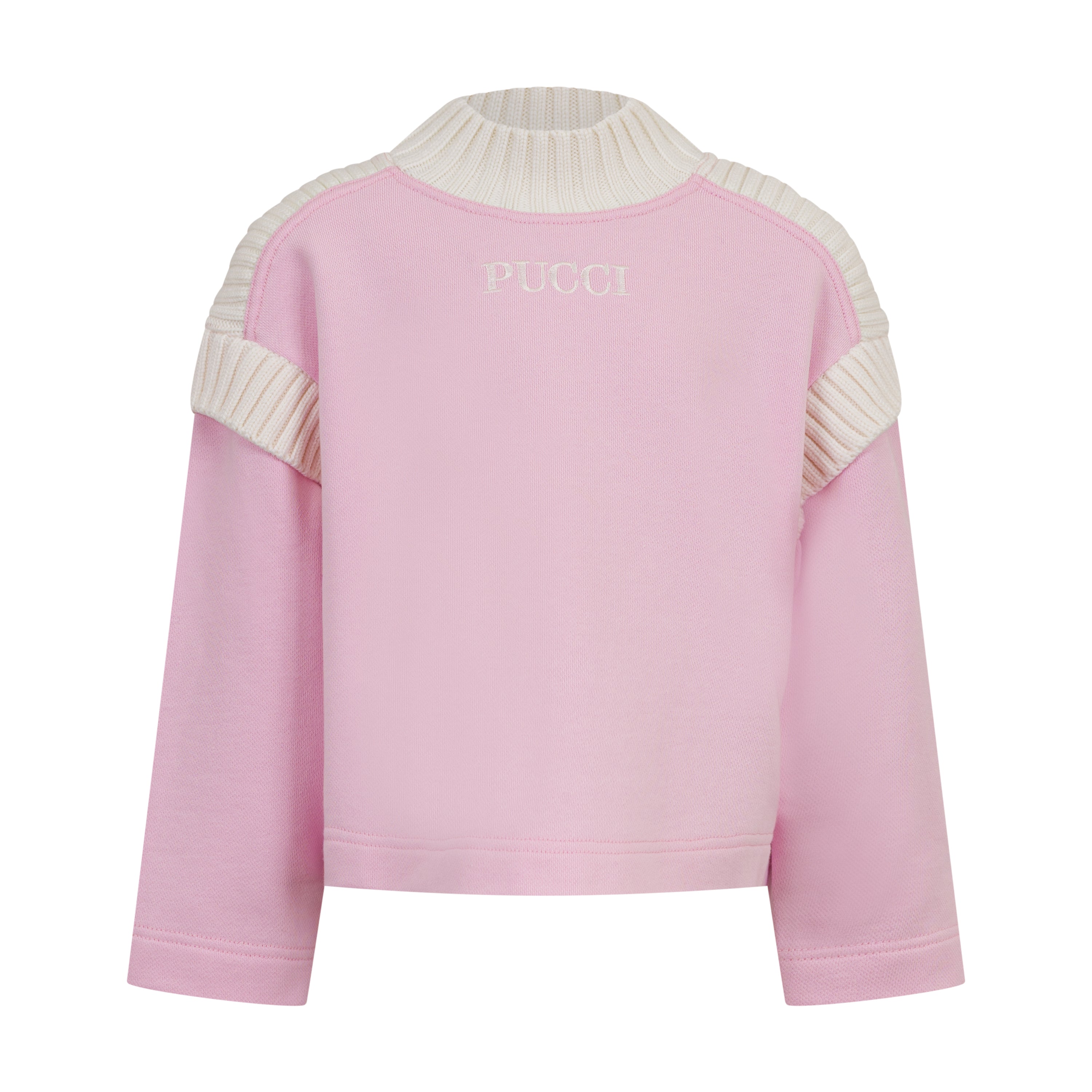 Pink knit sweatshirt with cream ribbed high neck and cream ribbed shoulder panels, featuring an embroidered logo on the back.