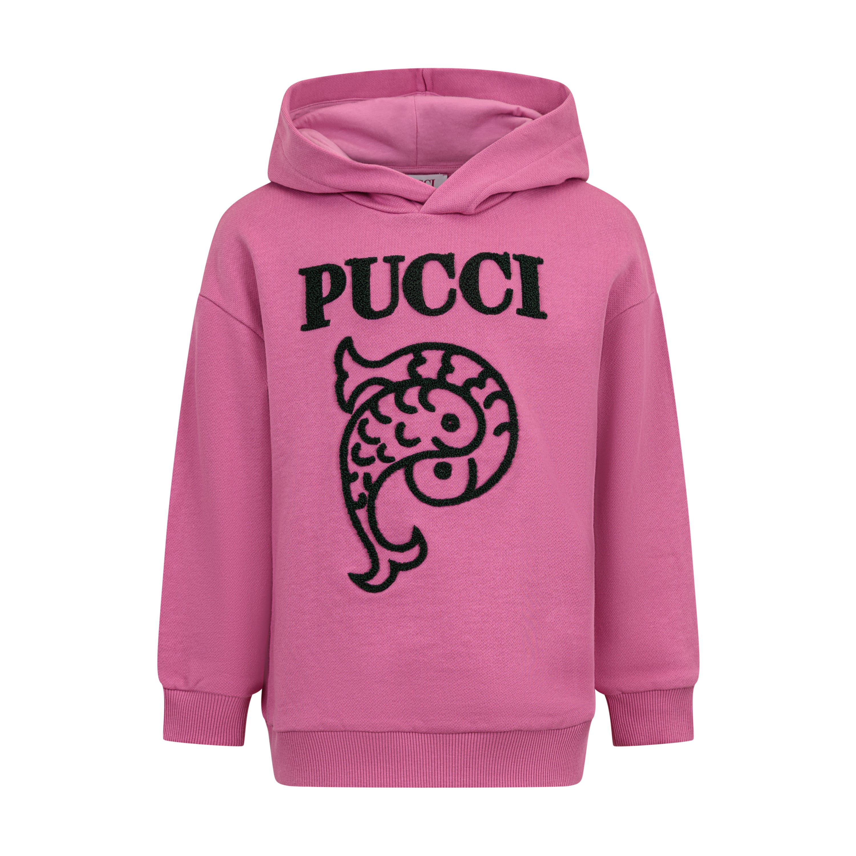Fuchsia hooded sweatshirt with black "PUCCI" text and a black textured fish-like graphic on the front.