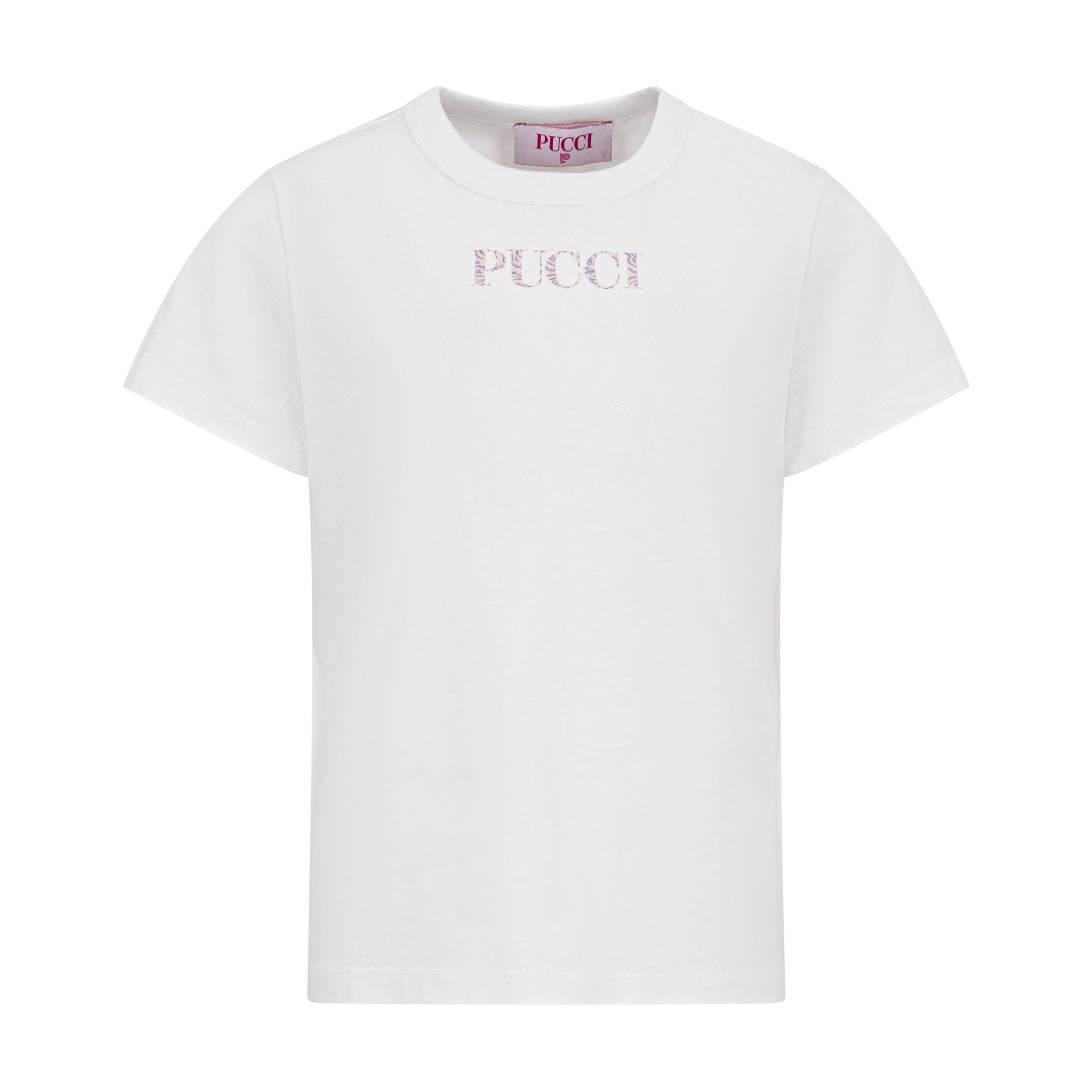 White crew neck T-shirt for kids with short sleeves and a patterned 'PUCCI' logo on the chest.