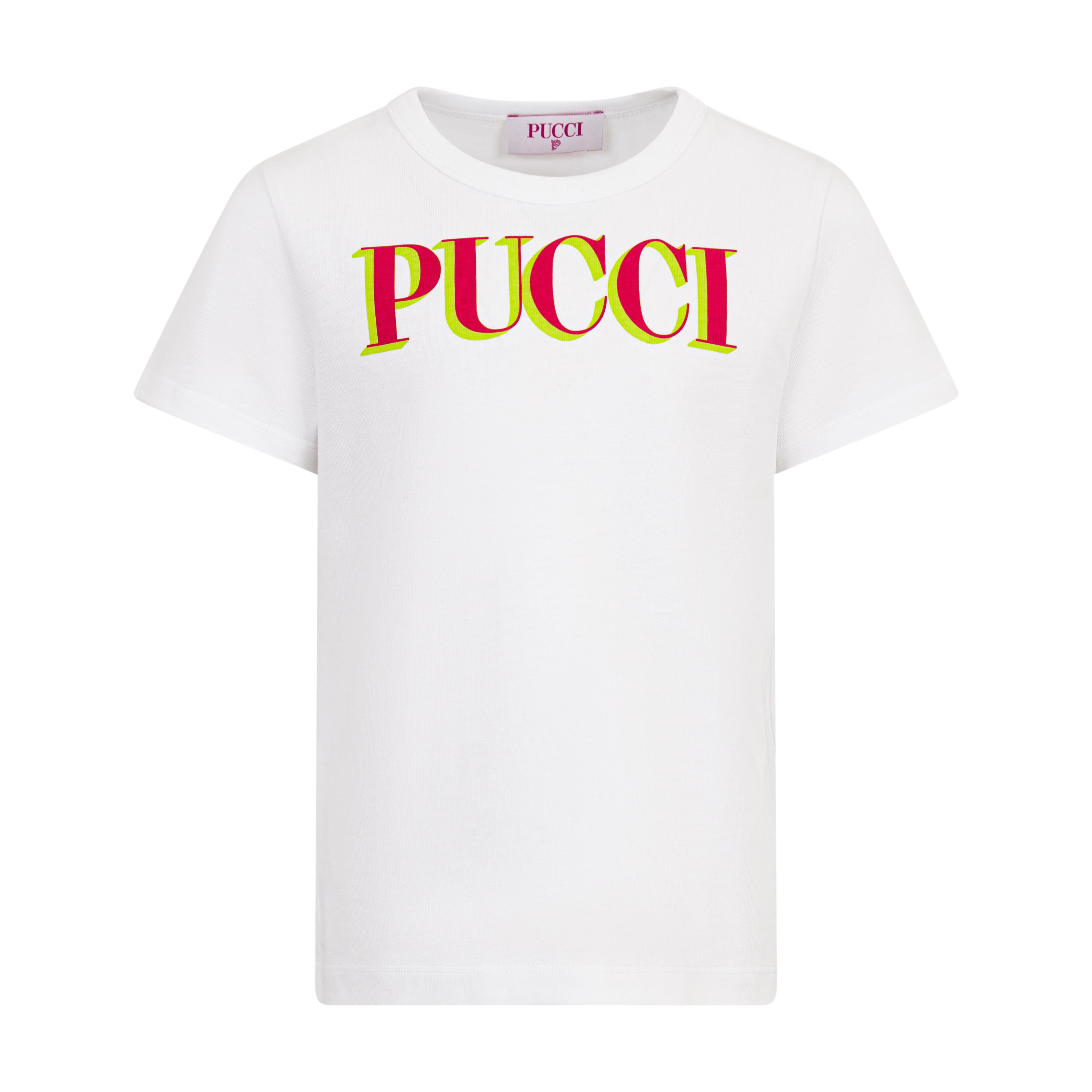 White short-sleeve crew neck t-shirt with a bright pink 'PUCCI' logo outlined in neon yellow on the front.