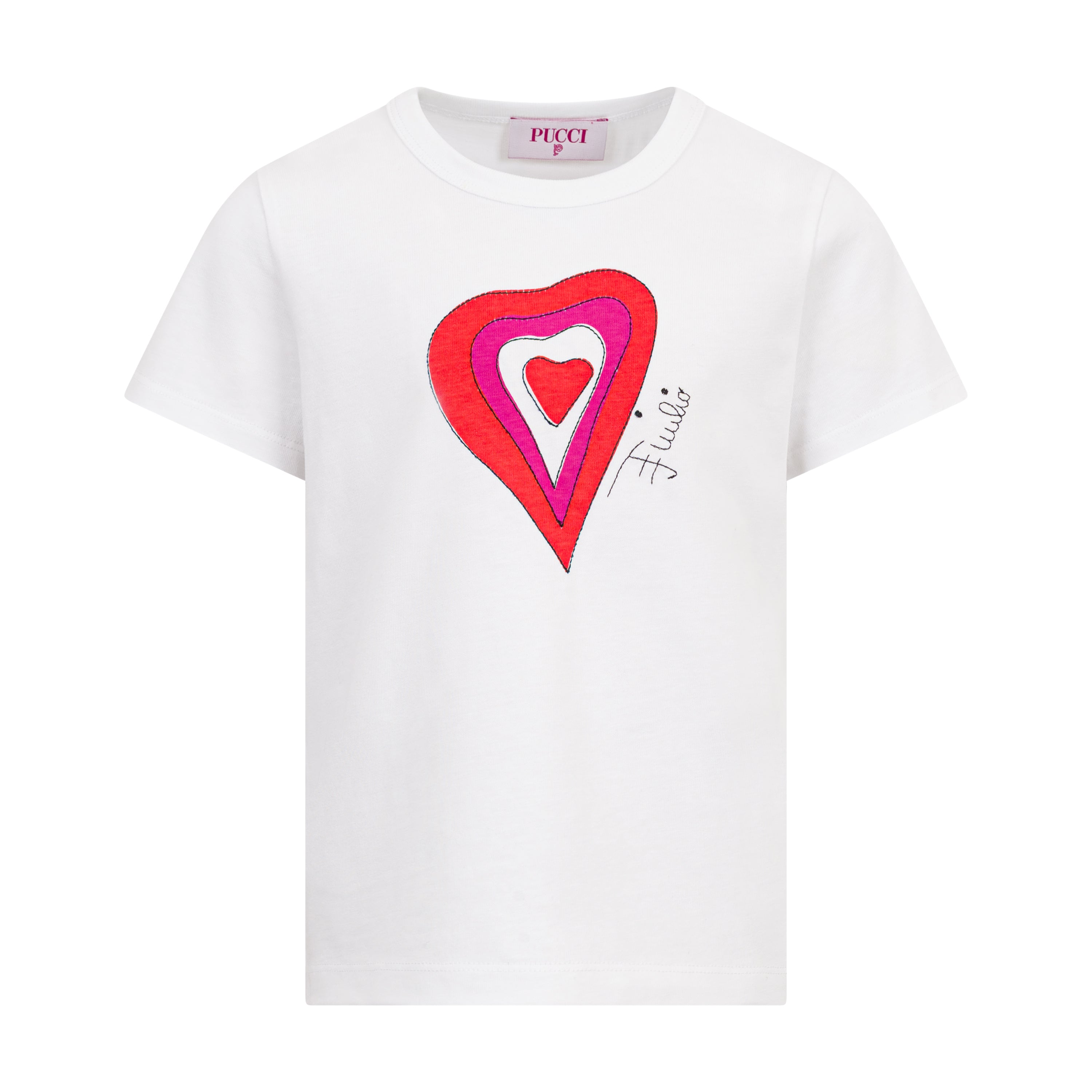 White short-sleeved t-shirt with a layered red and pink heart graphic and 'Emilio' signature on the front.