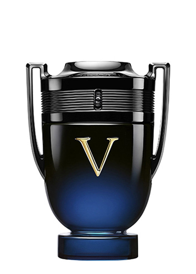 Paco Rabanne Invictus Victory Eau De Parfum 50ml Blue and black perfume bottle with a gold 'V' on a white background