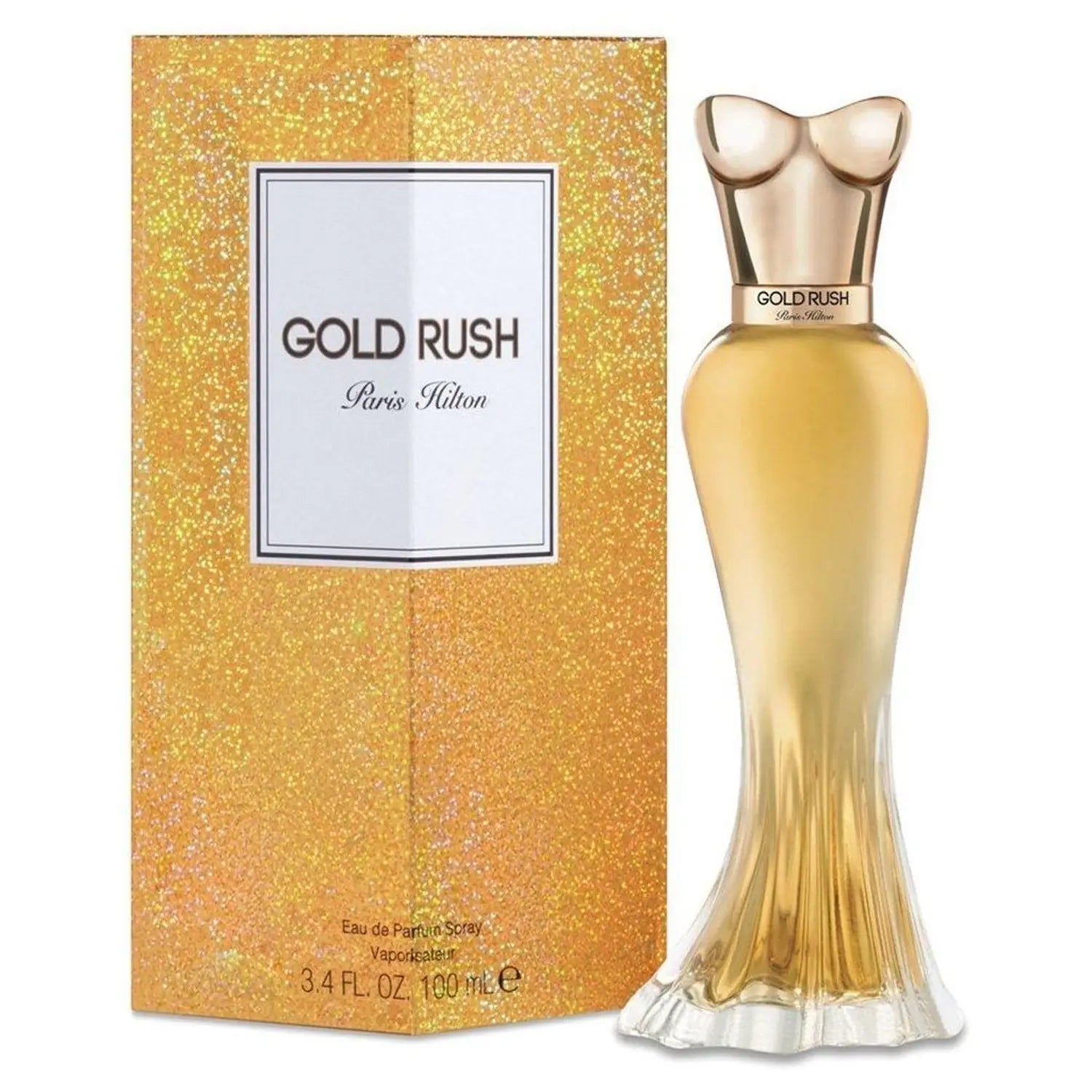 Paris Hilton Gold Rush EDP - 100ml Gold Rush perfume bottle and packaging on a white background