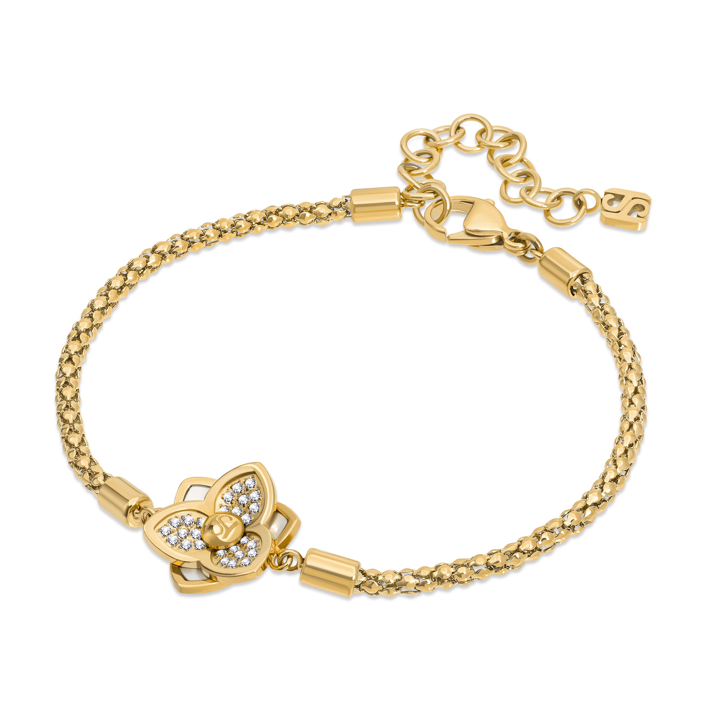 A three-quarter perspective studio shot of the Saint Honoré Burj gold-plated bracelet on a white background, highlighting the layered crystal pavé and Mother of Pearl six-petal flower centerpiece.