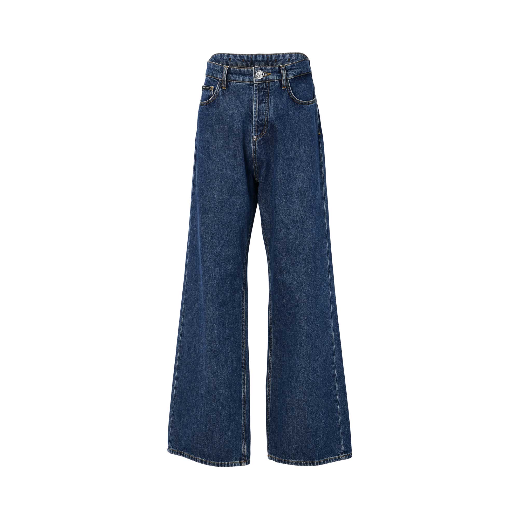 Front view of Philipp Plein dark blue wide-leg jeans featuring a high waist, five-pocket design, and a silver logo button against a white background.