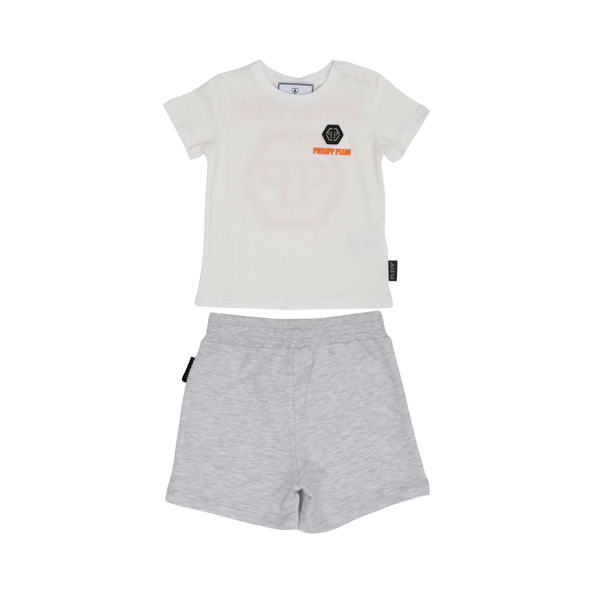 Front view of a Philipp Plein Junior set featuring a white t-shirt with orange chest branding and marl grey elasticated shorts.