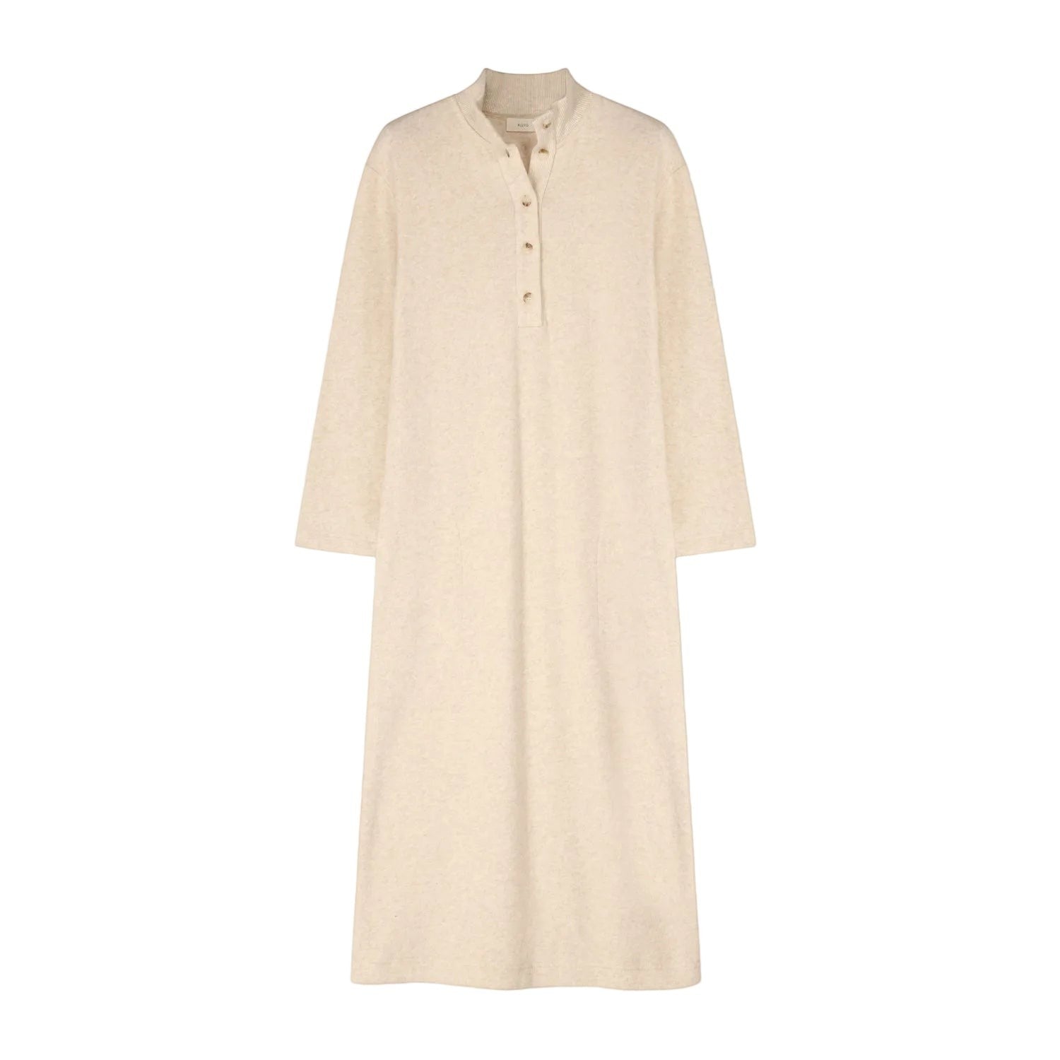 A long-sleeve, midi-length knit nightdress in beige melange by Pluto, featuring a ribbed Henley collar with a four-button placket and a relaxed fit.