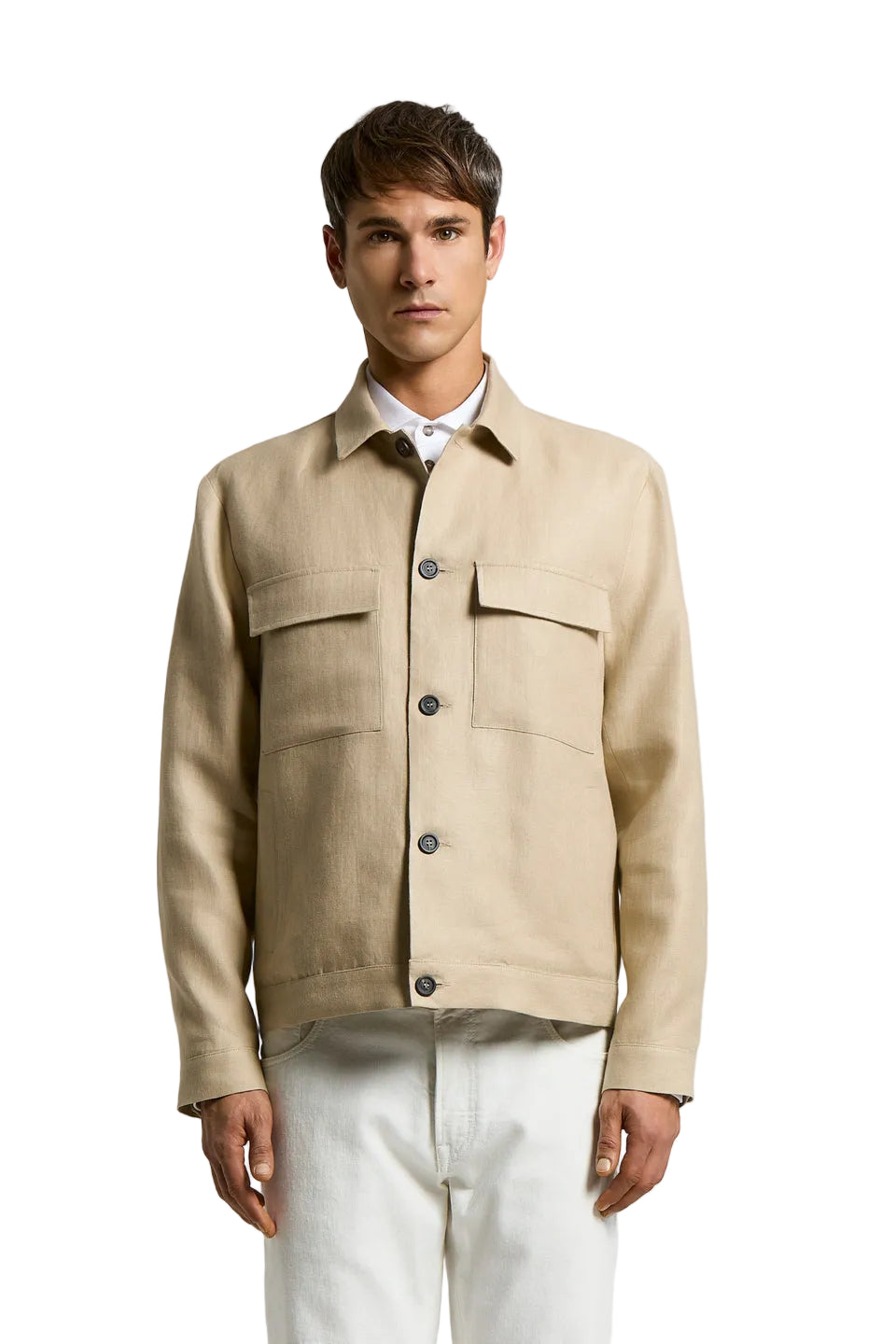 Beige pure linen gabardine overshirt with a shirt collar, chest flap pockets, and dark button front closure.