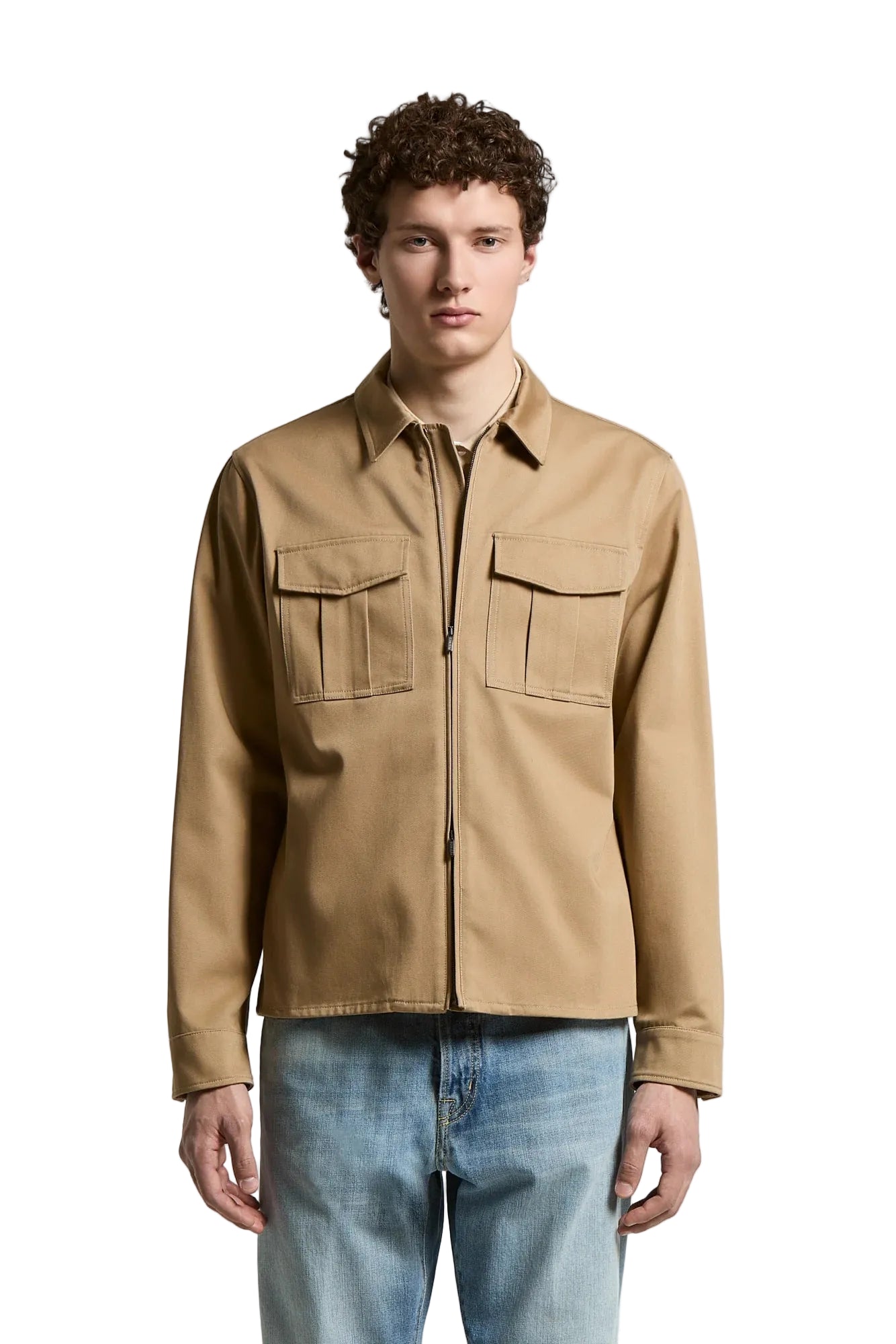 Beige zip-up shirt jacket with a classic collar and two pleated flap chest pockets.
