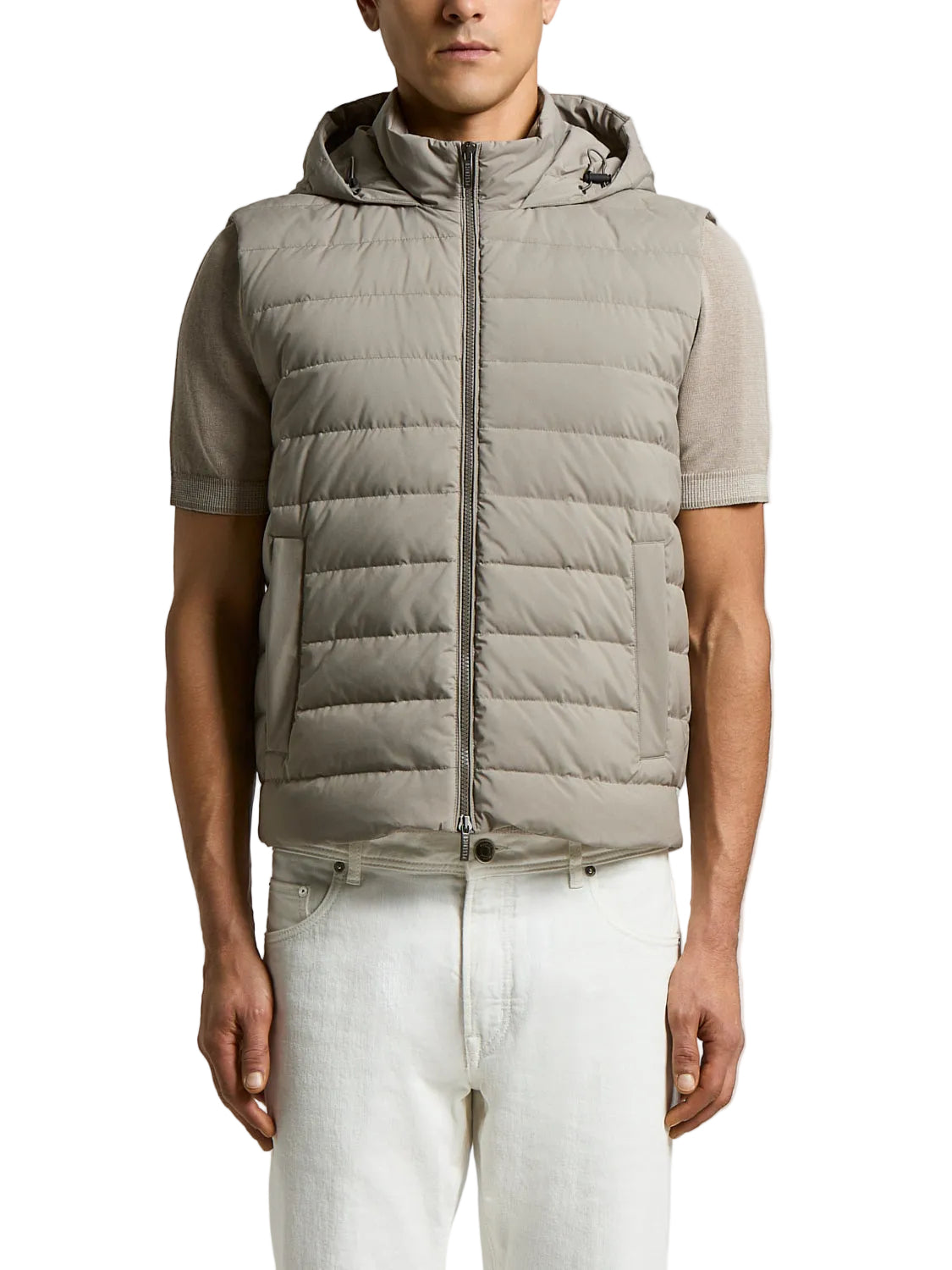 Men's light taupe water-repellent microfiber down vest with a hood, full-zip front, and horizontal quilting.